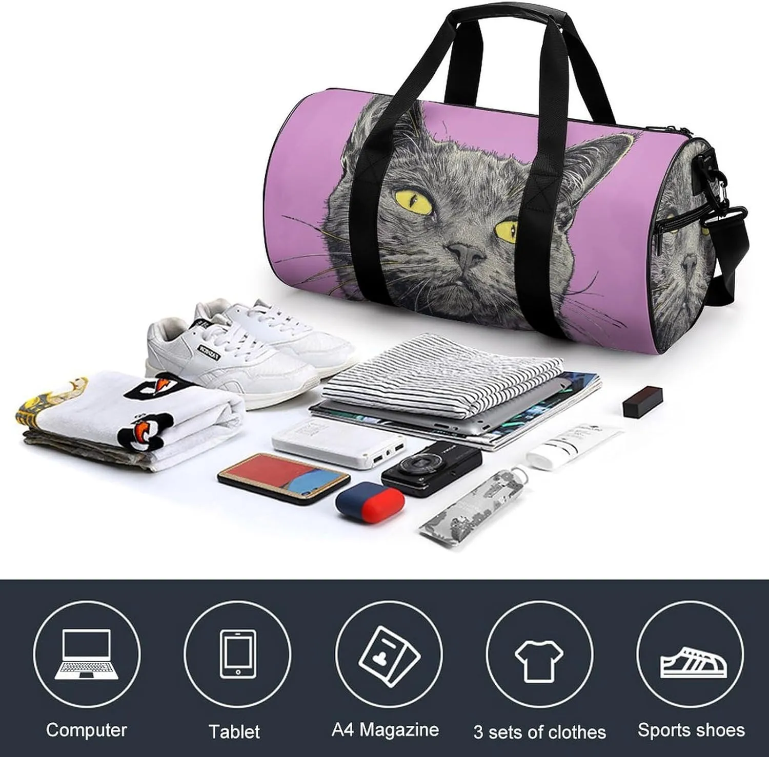 Gym Bags for Men Women A Gray Cat Duffle Bag Travel Overnight Bag with Shoe Compartment Tote Bags