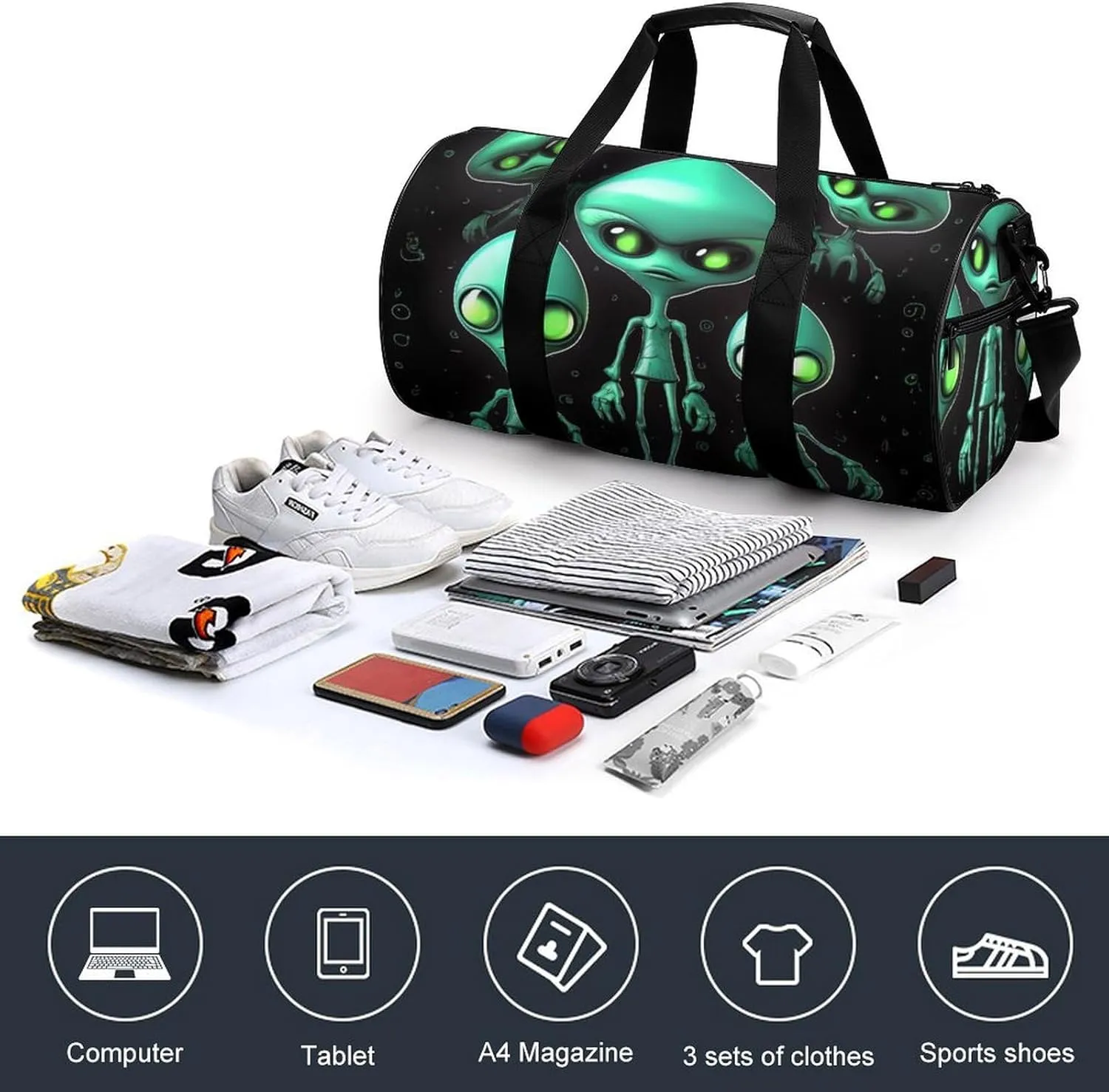 Gym Bags for Men Women Aliens Duffle Bag Travel Overnight Bag with Shoe Compartment Tote Bags