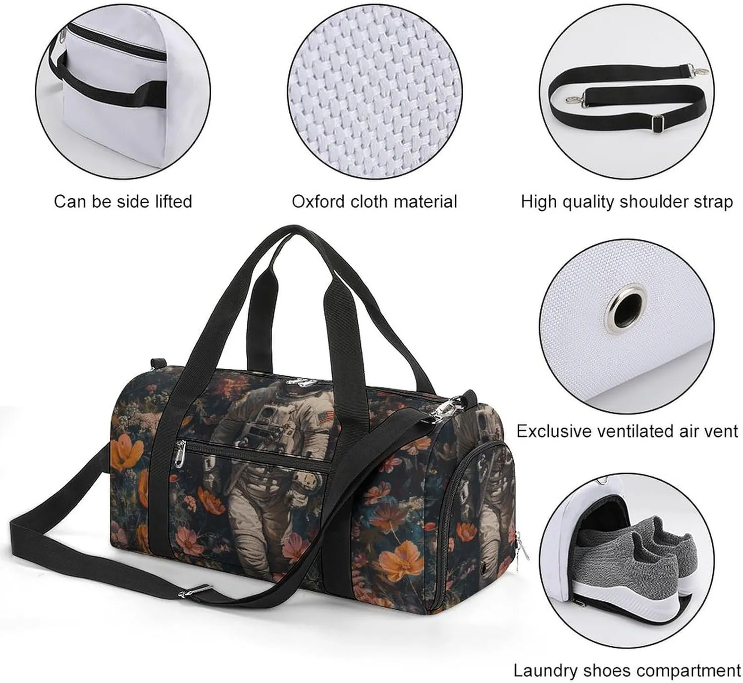 Gym Bags for Men Women Astronaut And Flowers Duffle Bag Travel Overnight Bag with Shoe Compartment Tote Bags