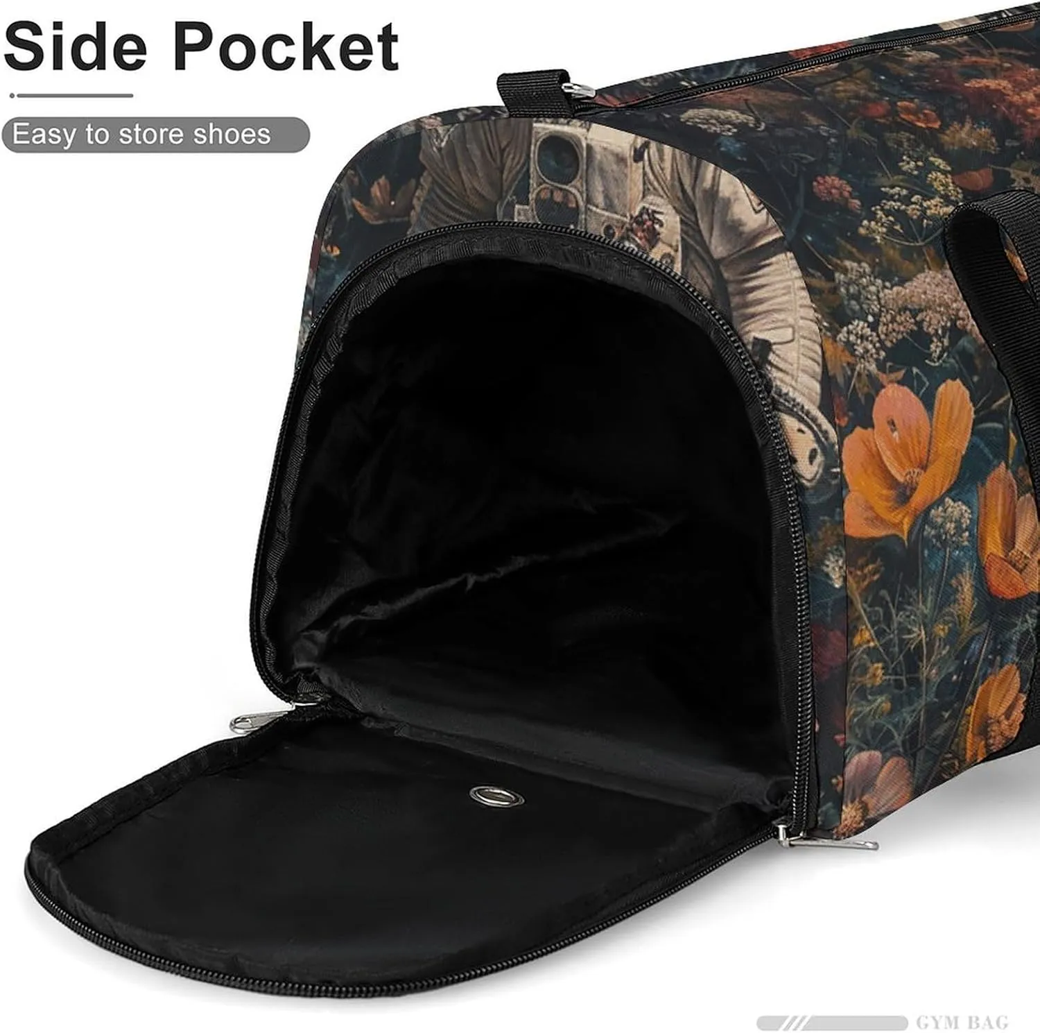 Gym Bags for Men Women Astronaut And Flowers Duffle Bag Travel Overnight Bag with Shoe Compartment Tote Bags