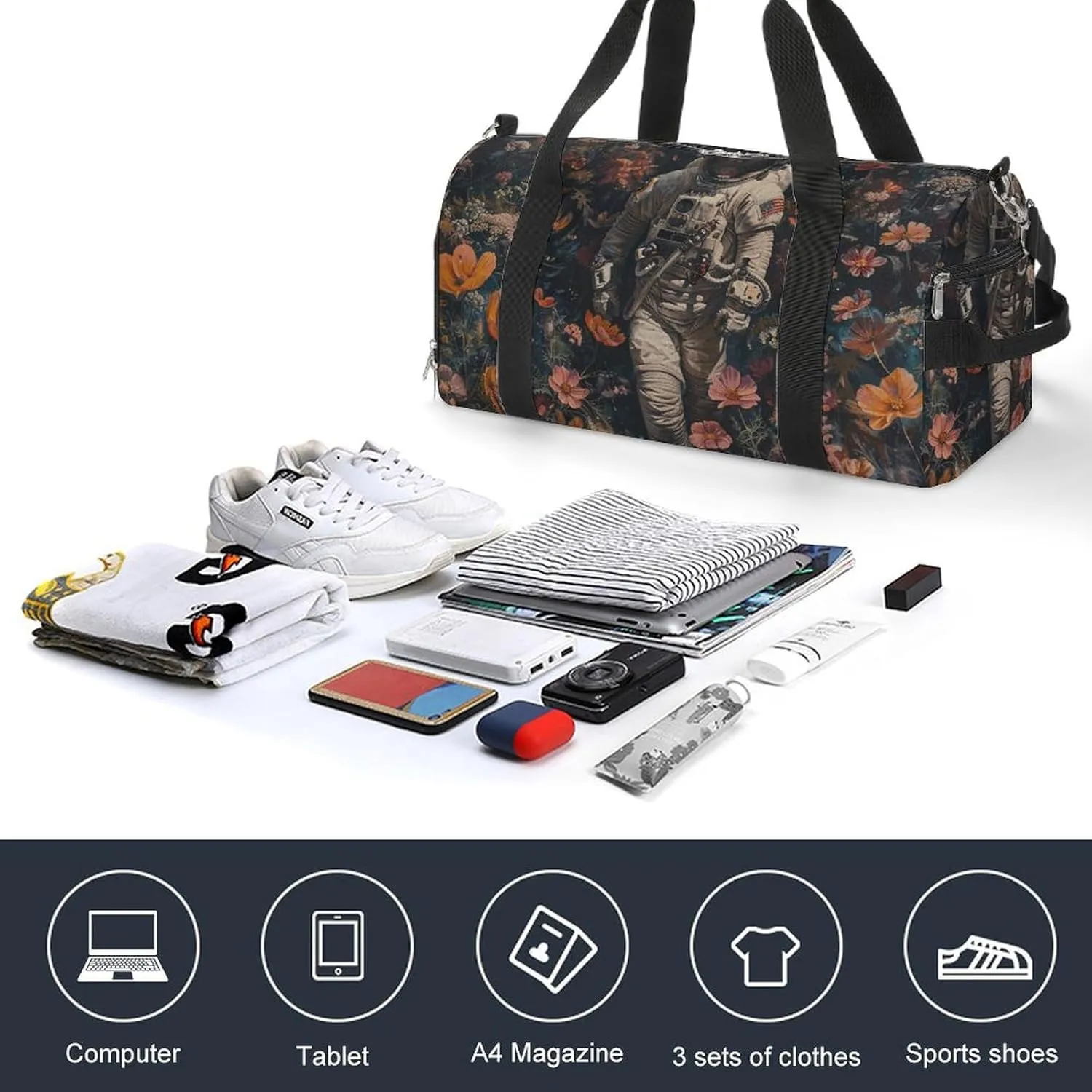 Gym Bags for Men Women Astronaut And Flowers Duffle Bag Travel Overnight Bag with Shoe Compartment Tote Bags
