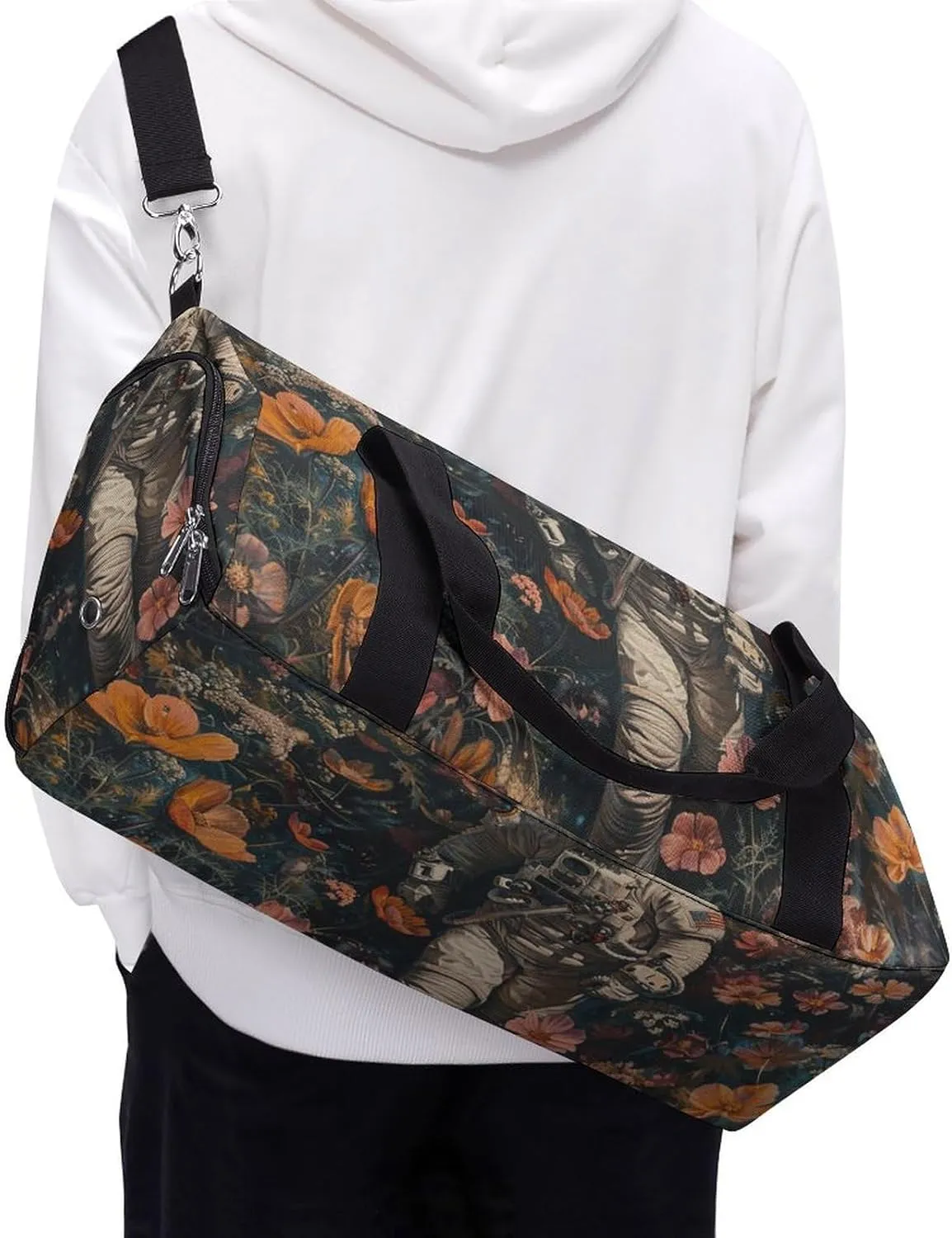 Gym Bags for Men Women Astronaut And Flowers Duffle Bag Travel Overnight Bag with Shoe Compartment Tote Bags