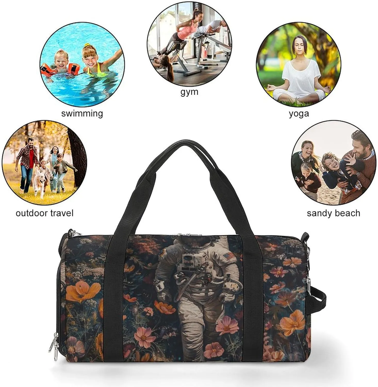 Gym Bags for Men Women Astronaut And Flowers Duffle Bag Travel Overnight Bag with Shoe Compartment Tote Bags