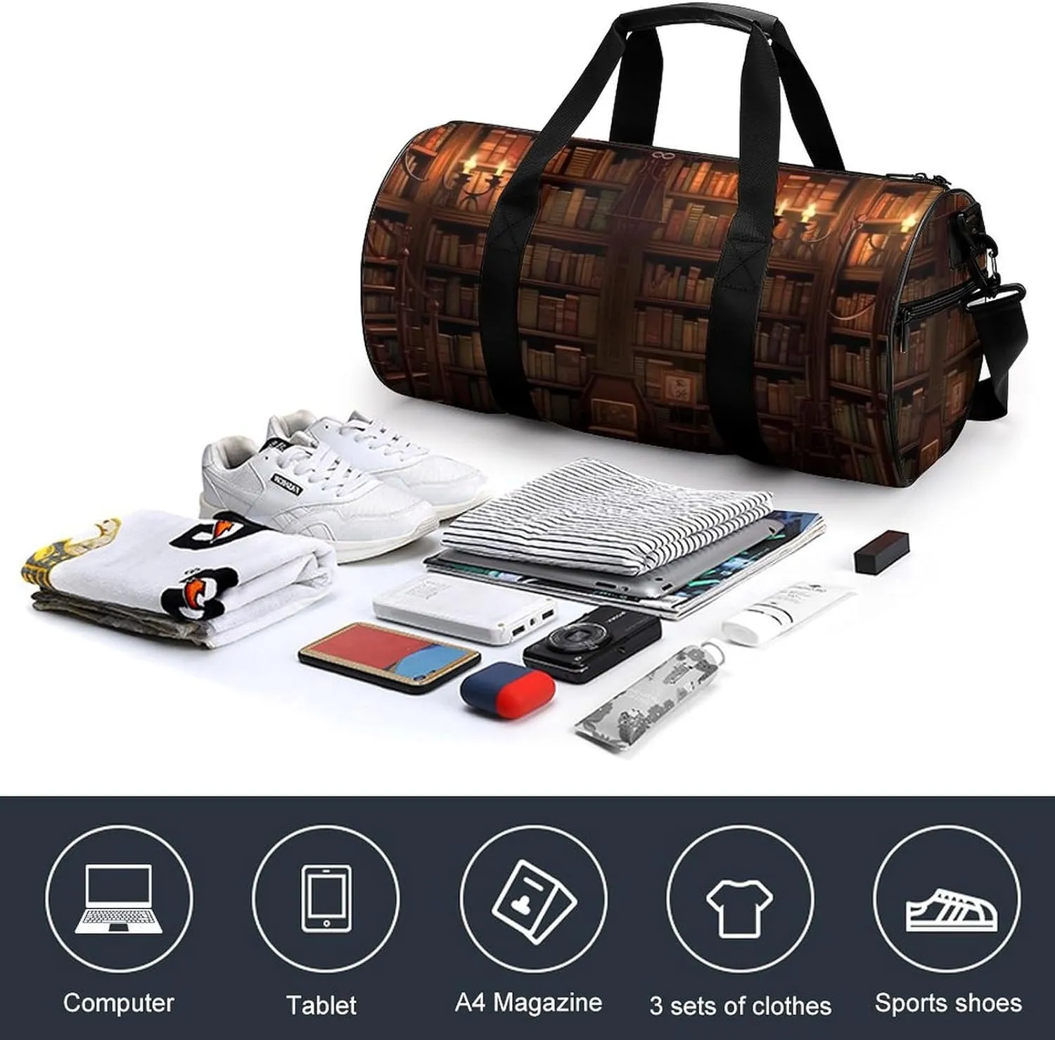 Gym Bags for Men Women Book Room Library Duffle Bag Travel Overnight Bag with Shoe Compartment Tote Bags