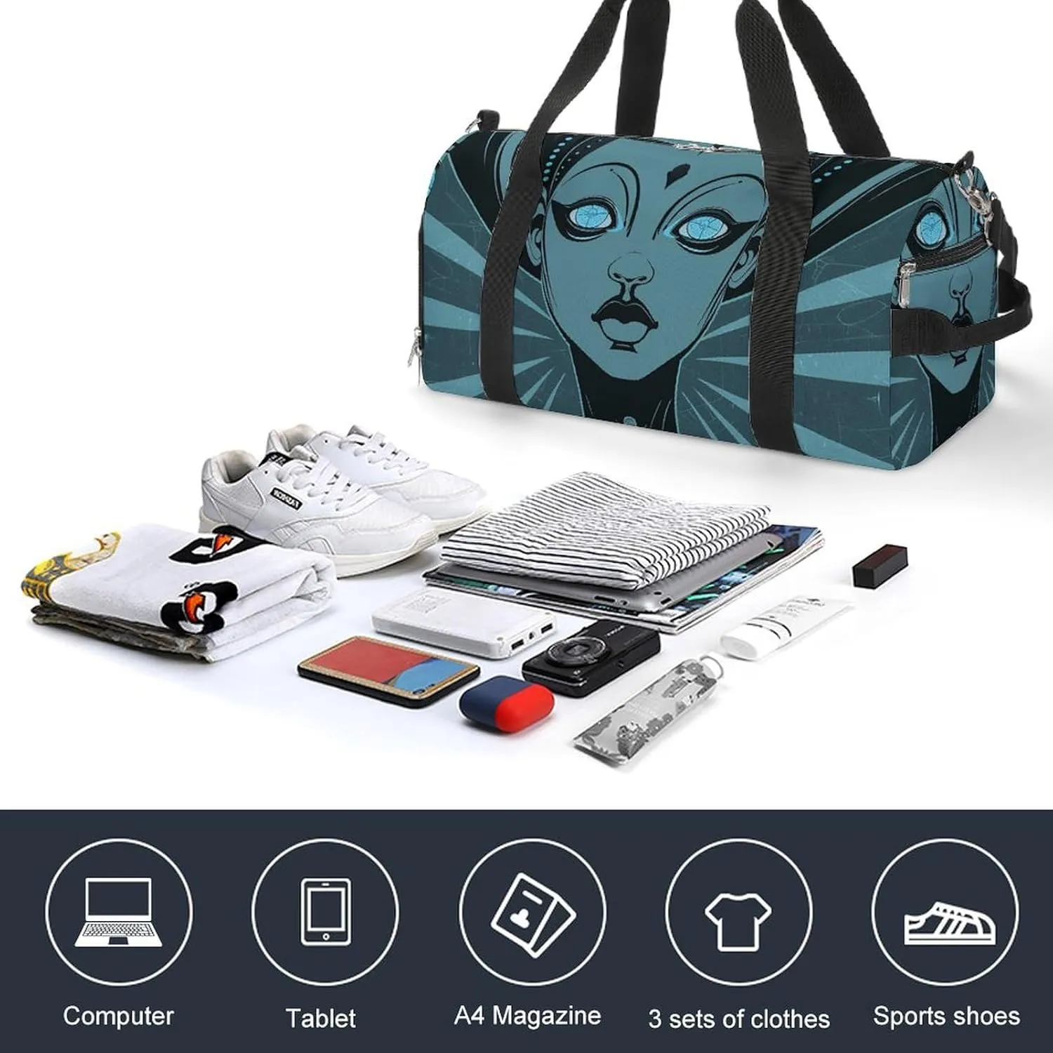 Gym Bags for Men Women Cartoon Drawing of Woman Duffle Bag Travel Overnight Bag with Shoe Compartment Tote Bags