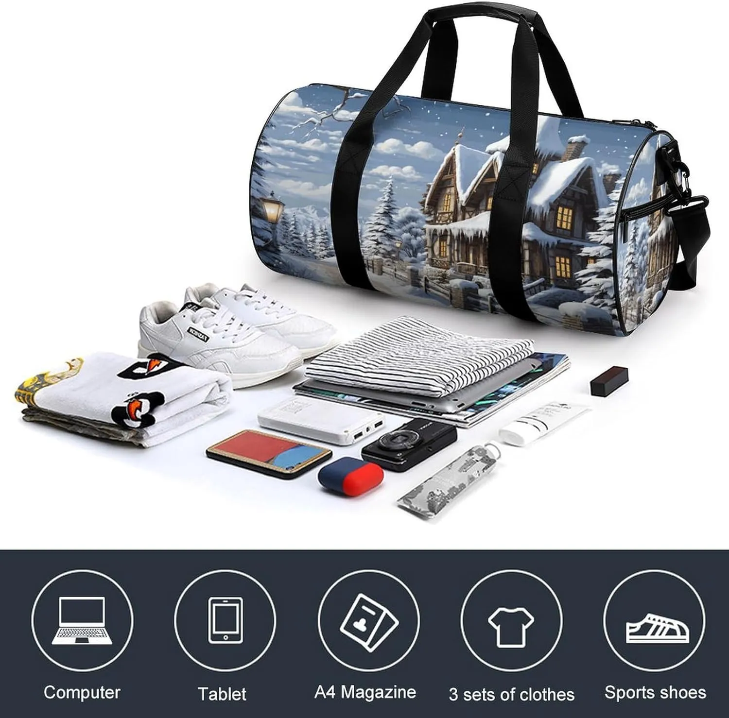 Gym Bags for Men Women Christmas Winter Happy Scene Duffle Bag Travel Overnight Bag with Shoe Compartment Tote Bags