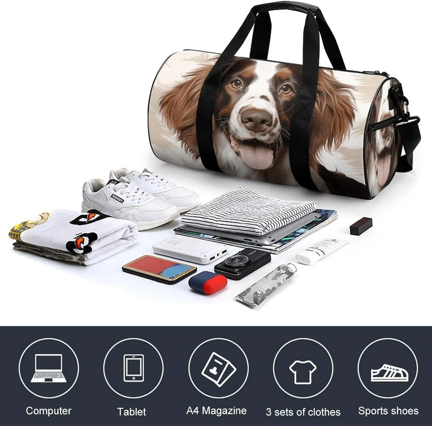 Gym Bags for Men Women Cute Springer Spaniel Duffle Bag Travel Overnight Bag with Shoe Compartment Tote Bags