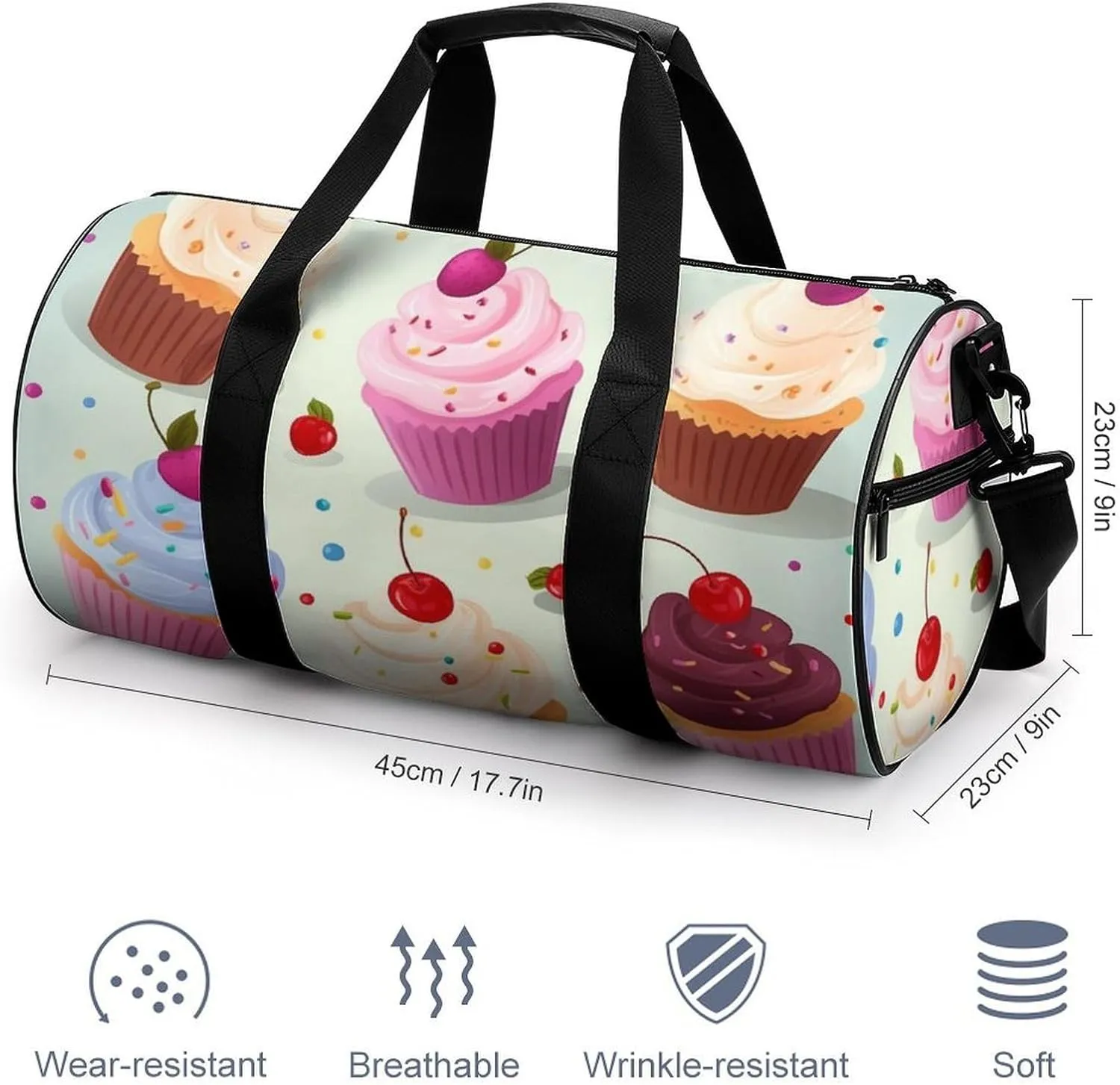 Gym Bags for Men Women Delicious Cupcakes Duffle Bag Travel Overnight Bag with Shoe Compartment Tote Bags