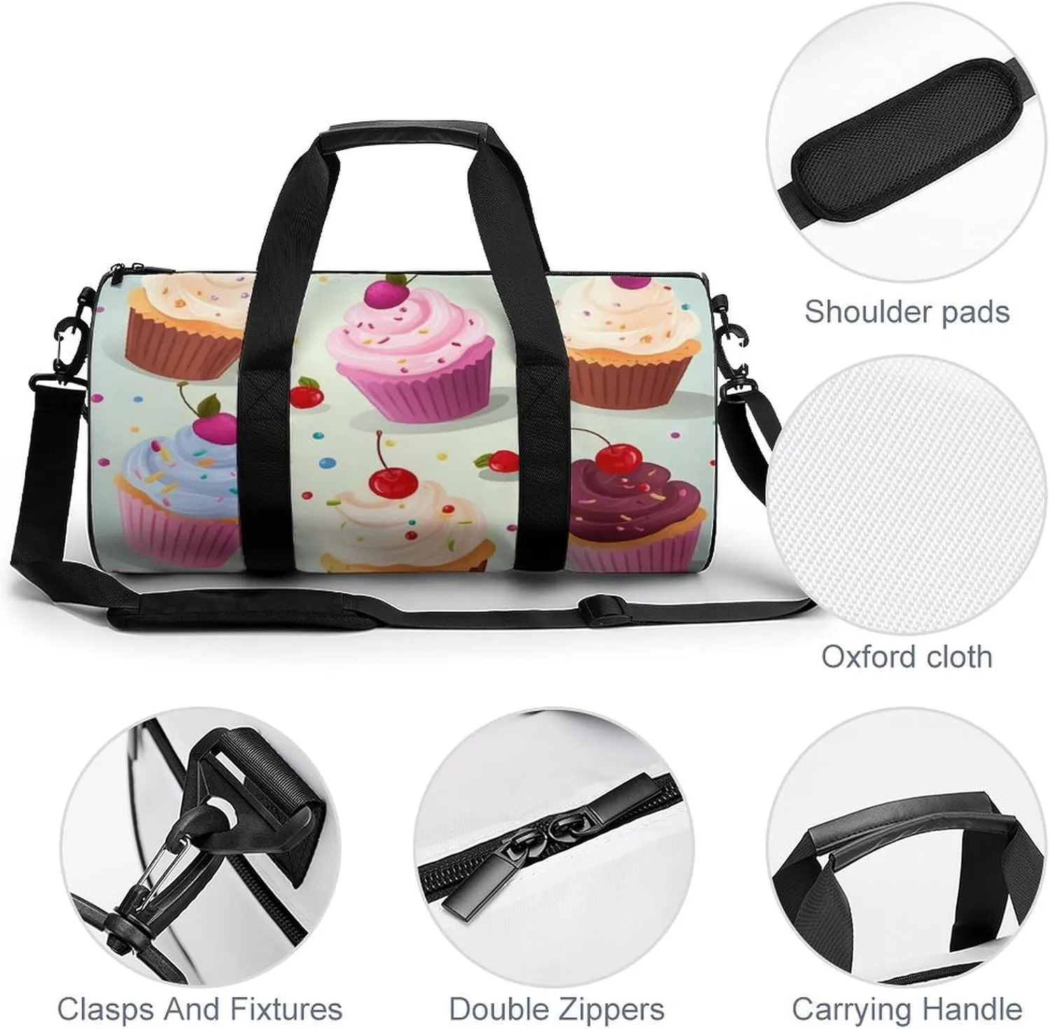 Gym Bags for Men Women Delicious Cupcakes Duffle Bag Travel Overnight Bag with Shoe Compartment Tote Bags