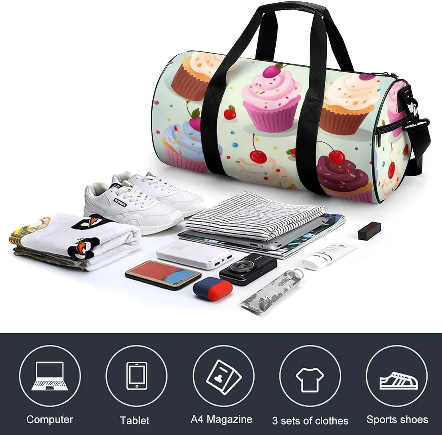 Gym Bags for Men Women Delicious Cupcakes Duffle Bag Travel Overnight Bag with Shoe Compartment Tote Bags