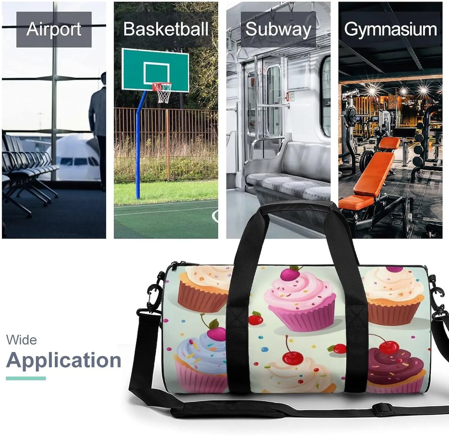 Gym Bags for Men Women Delicious Cupcakes Duffle Bag Travel Overnight Bag with Shoe Compartment Tote Bags