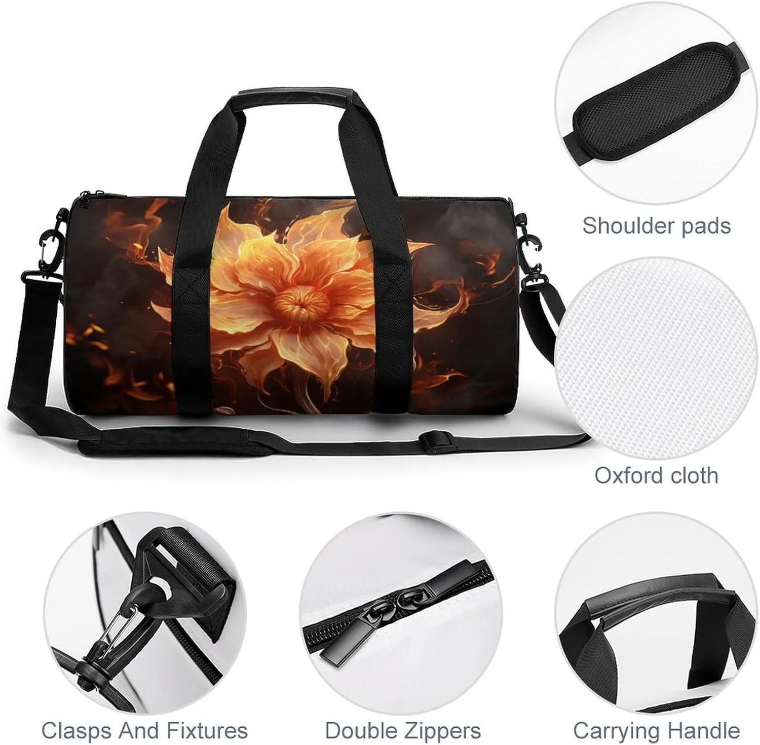 Gym Bags for Men Women Flame Flower Duffle Bag Travel Overnight Bag with Shoe Compartment Tote Bags