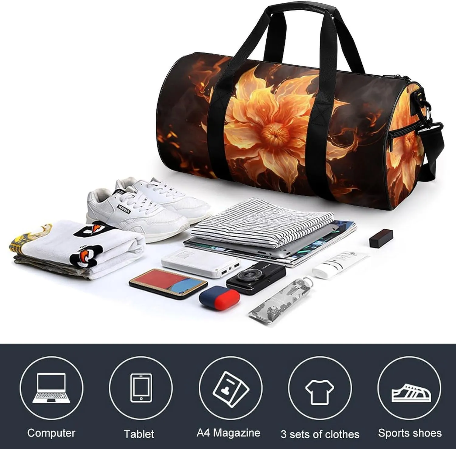 Gym Bags for Men Women Flame Flower Duffle Bag Travel Overnight Bag with Shoe Compartment Tote Bags
