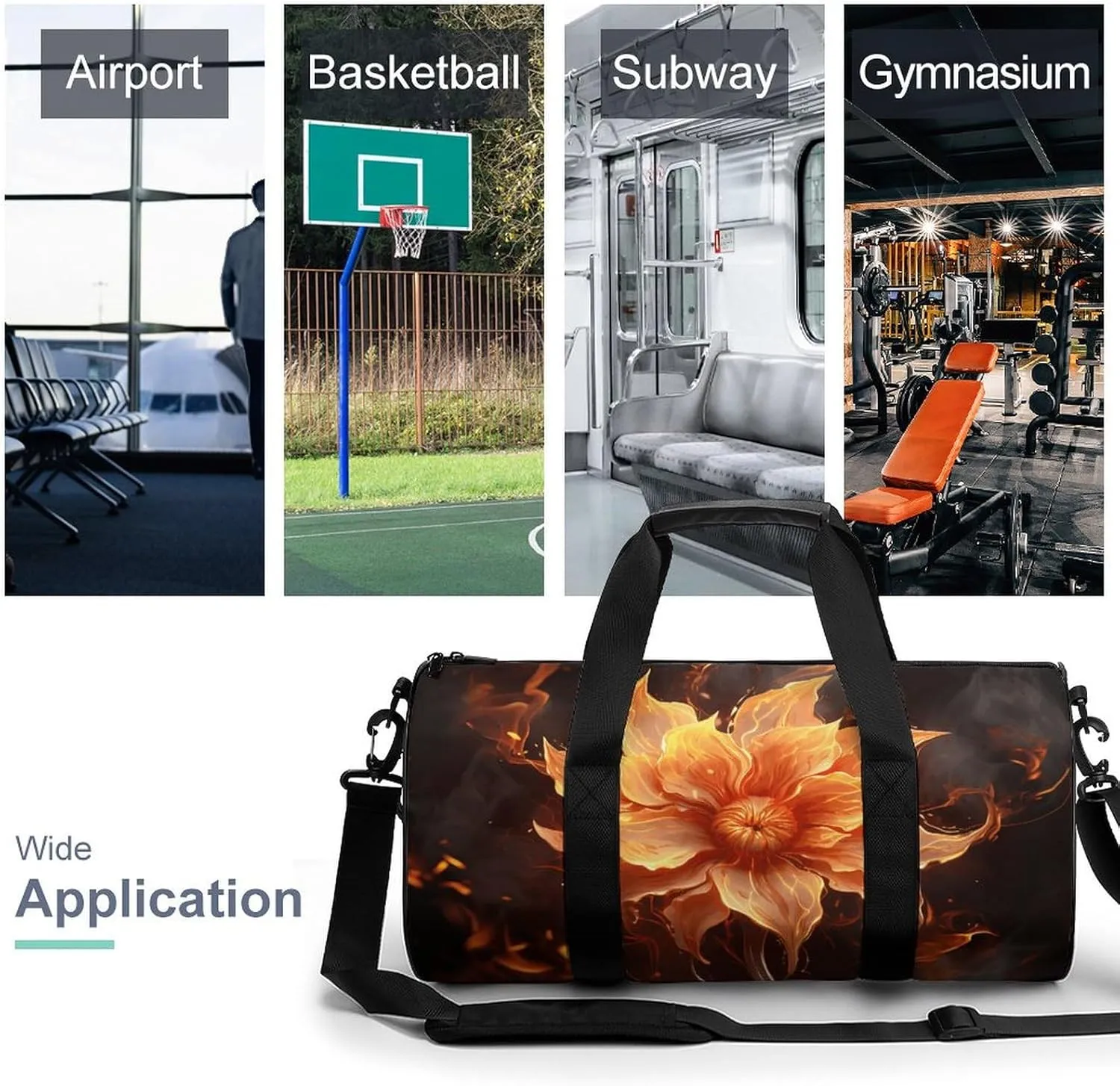 Gym Bags for Men Women Flame Flower Duffle Bag Travel Overnight Bag with Shoe Compartment Tote Bags