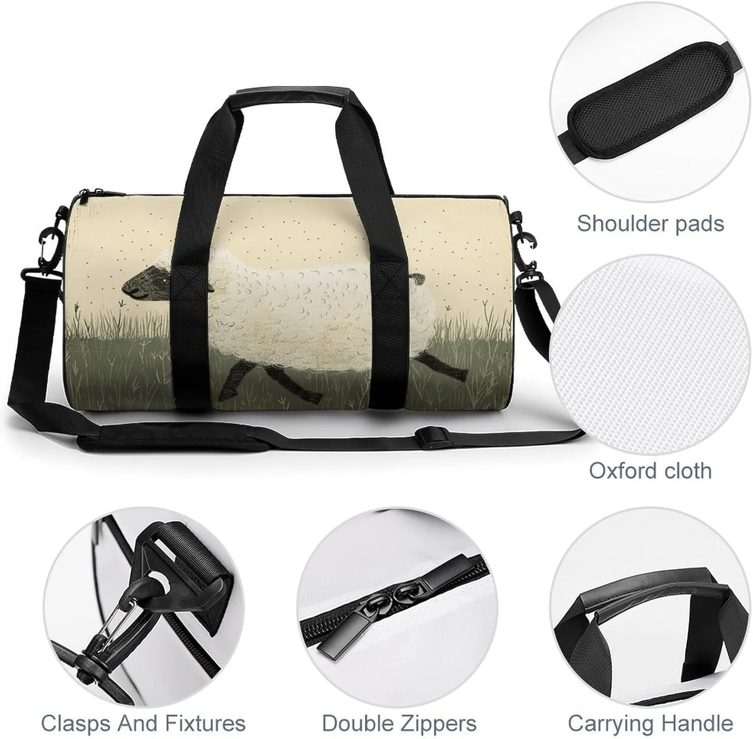 Gym Bags for Men Women Hand Drawn Sheep Duffle Bag Travel Overnight Bag with Shoe Compartment Tote Bags