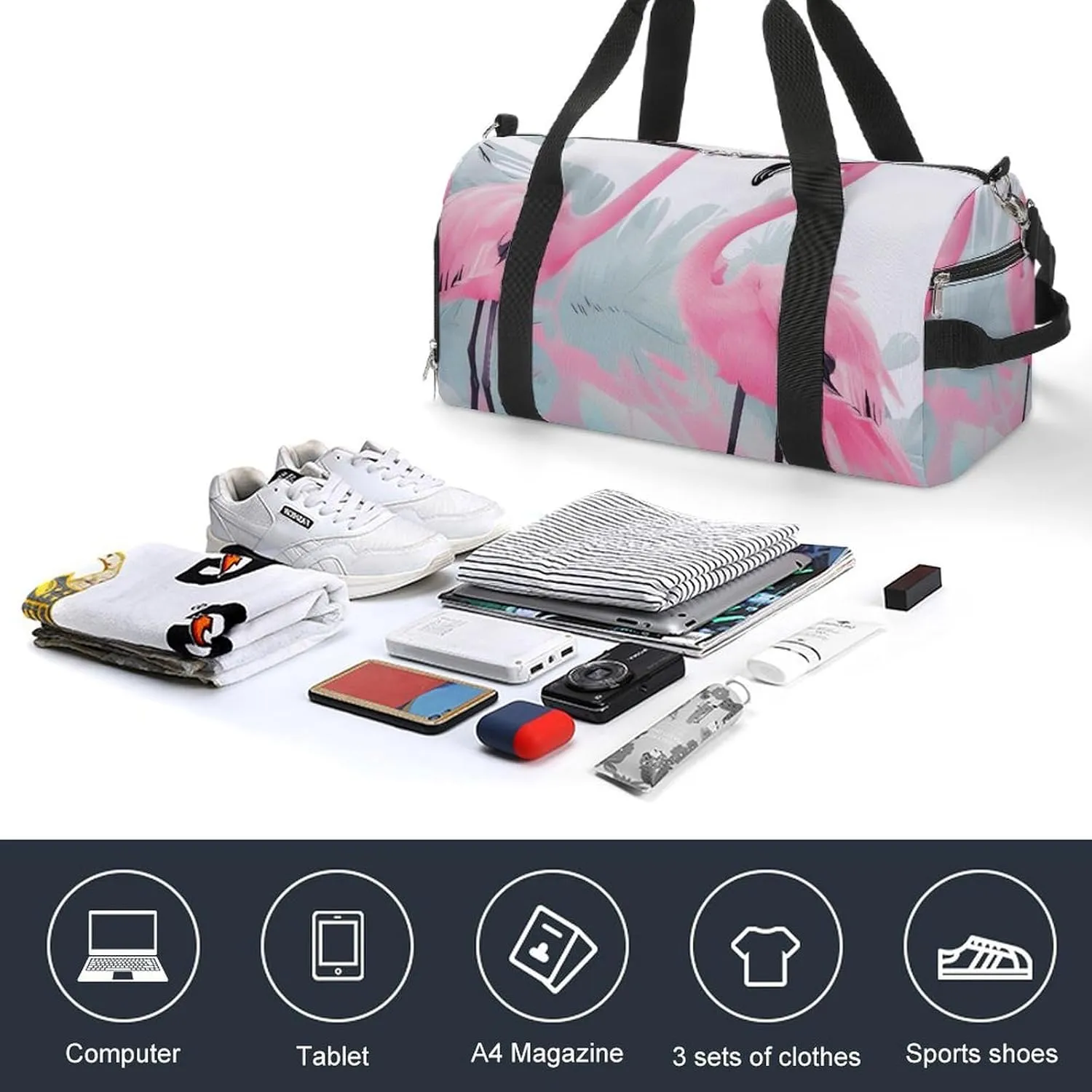 Gym Bags for Men Women Love Flamingo Duffle Bag Travel Overnight Bag with Shoe Compartment Tote Bags