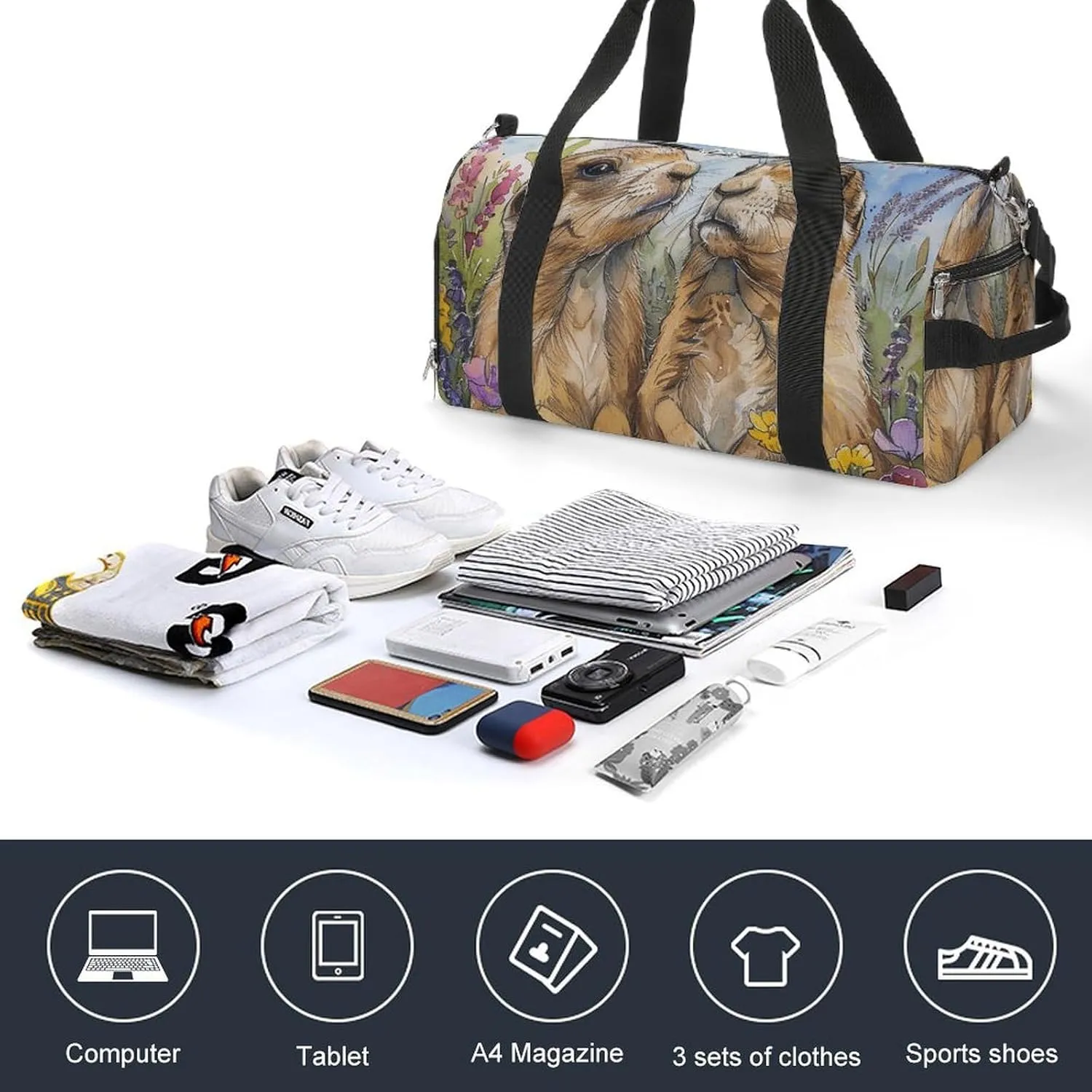 Gym Bags for Men Women Two Prairie Dogs Duffle Bag Travel Overnight Bag with Shoe Compartment Tote Bags