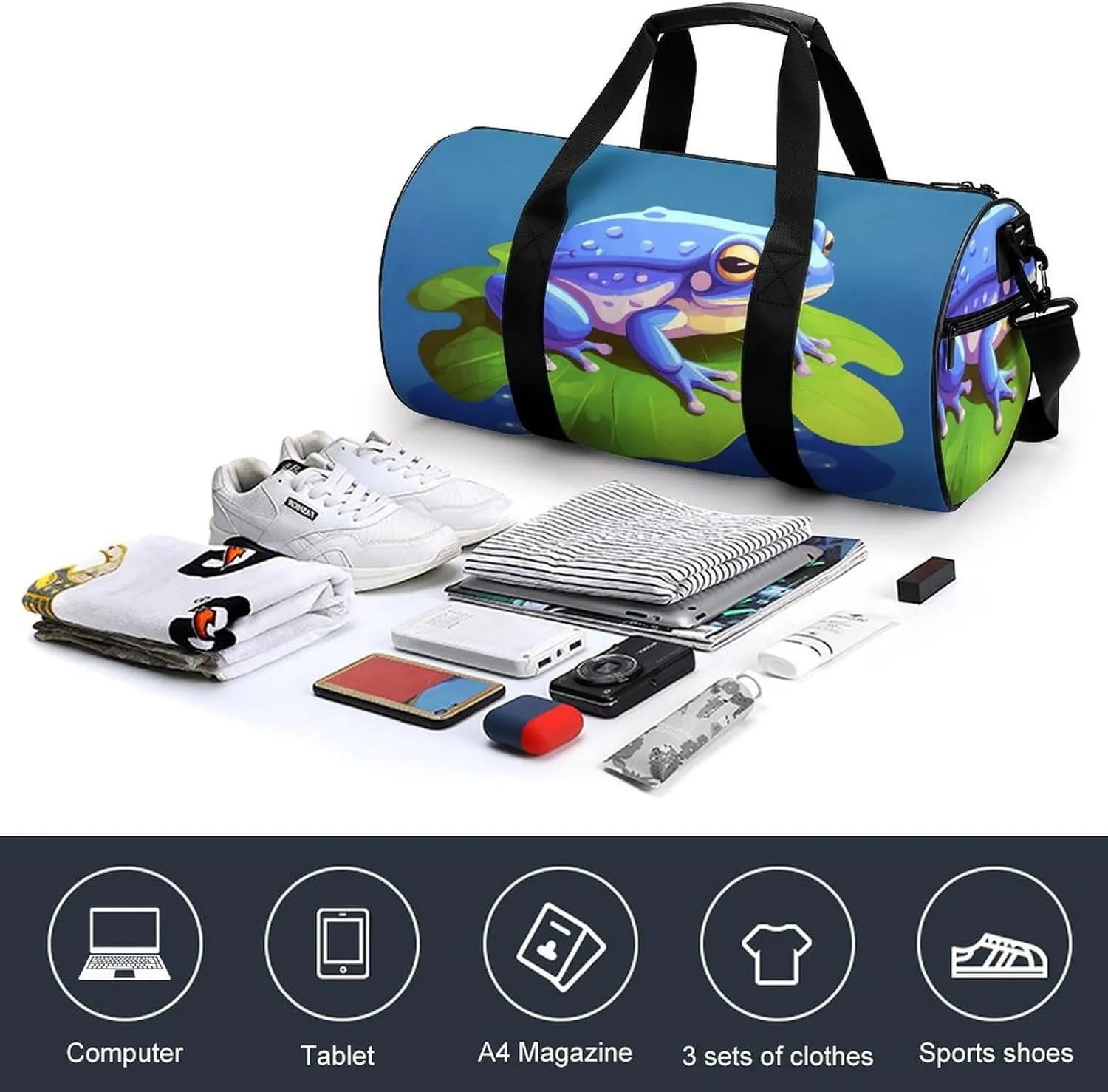 Gym Bags Small A Cartoon Frog Duffel Bag Overnight Bag with Shoe Compartment Carryon Bag for Men Women