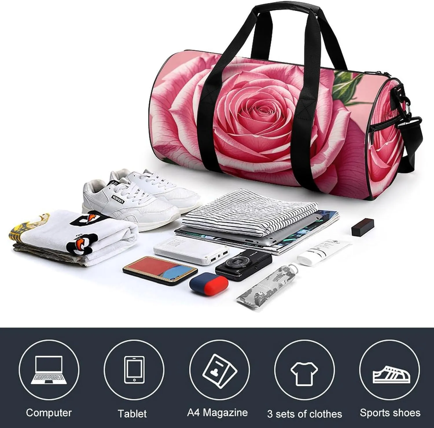 Gym Bags Small Beautiful Roses Duffel Bag Overnight Bag with Shoe Compartment Carryon Bag for Men Women