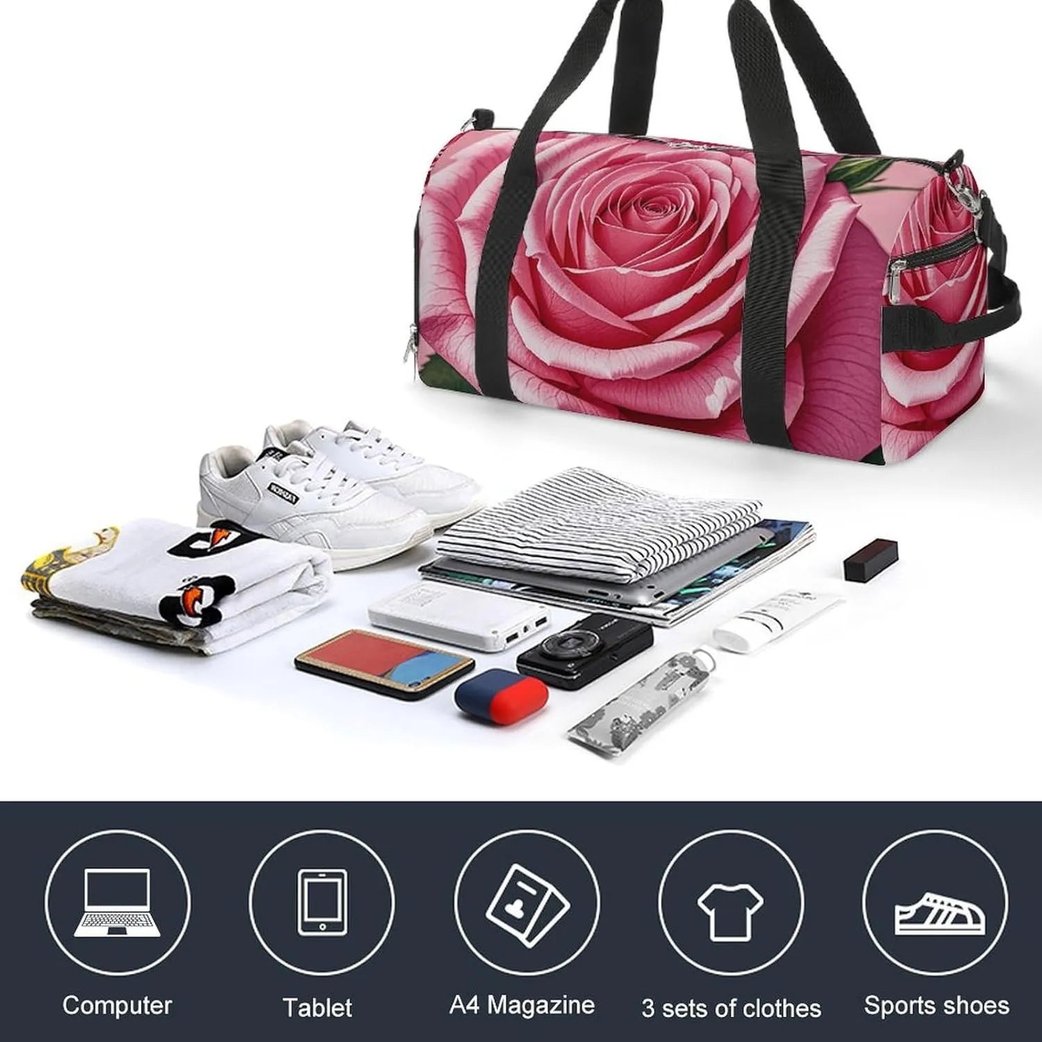 Gym Bags Small Beautiful Roses Duffel Bag Overnight Bag with Shoe Compartment Carryon Bag for Men Women