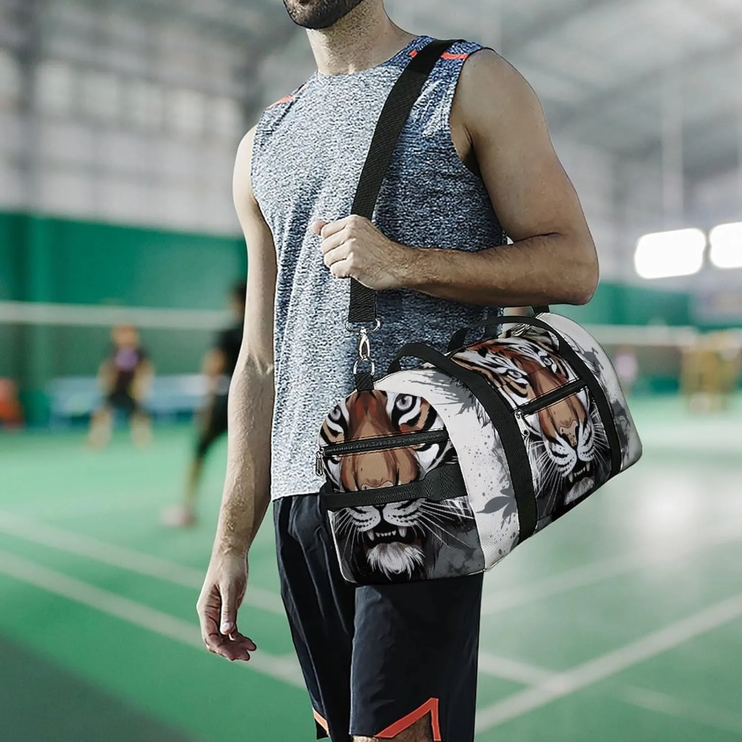 Gym Bags Small Black And White Doodle Tiger Duffel Bag Overnight Bag with Shoe Compartment Carryon Bag for Men Women