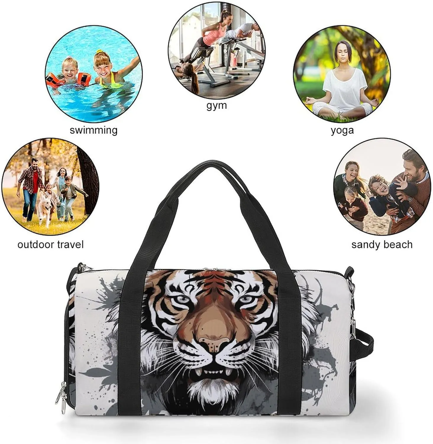 Gym Bags Small Black And White Doodle Tiger Duffel Bag Overnight Bag with Shoe Compartment Carryon Bag for Men Women