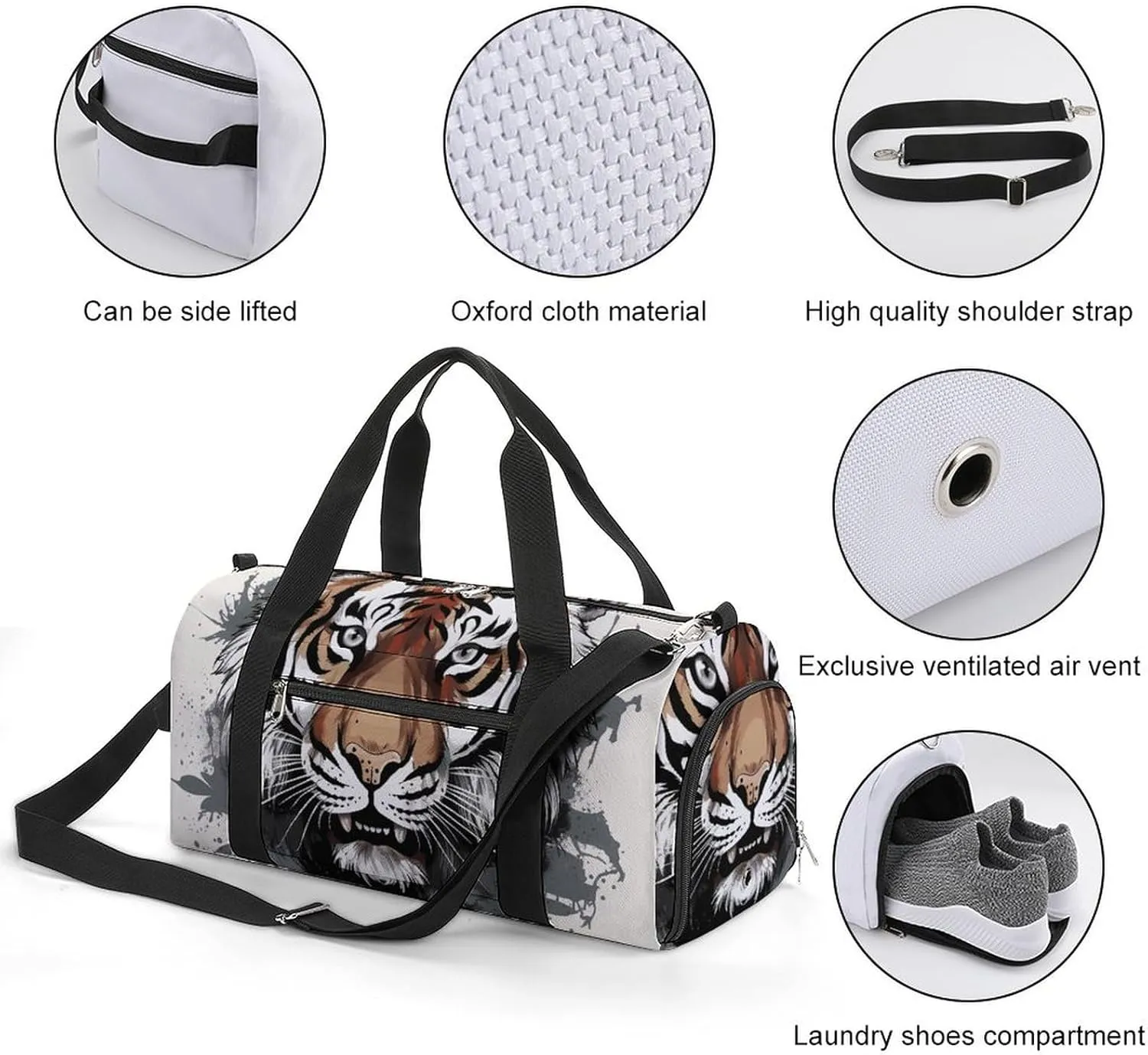 Gym Bags Small Black And White Doodle Tiger Duffel Bag Overnight Bag with Shoe Compartment Carryon Bag for Men Women