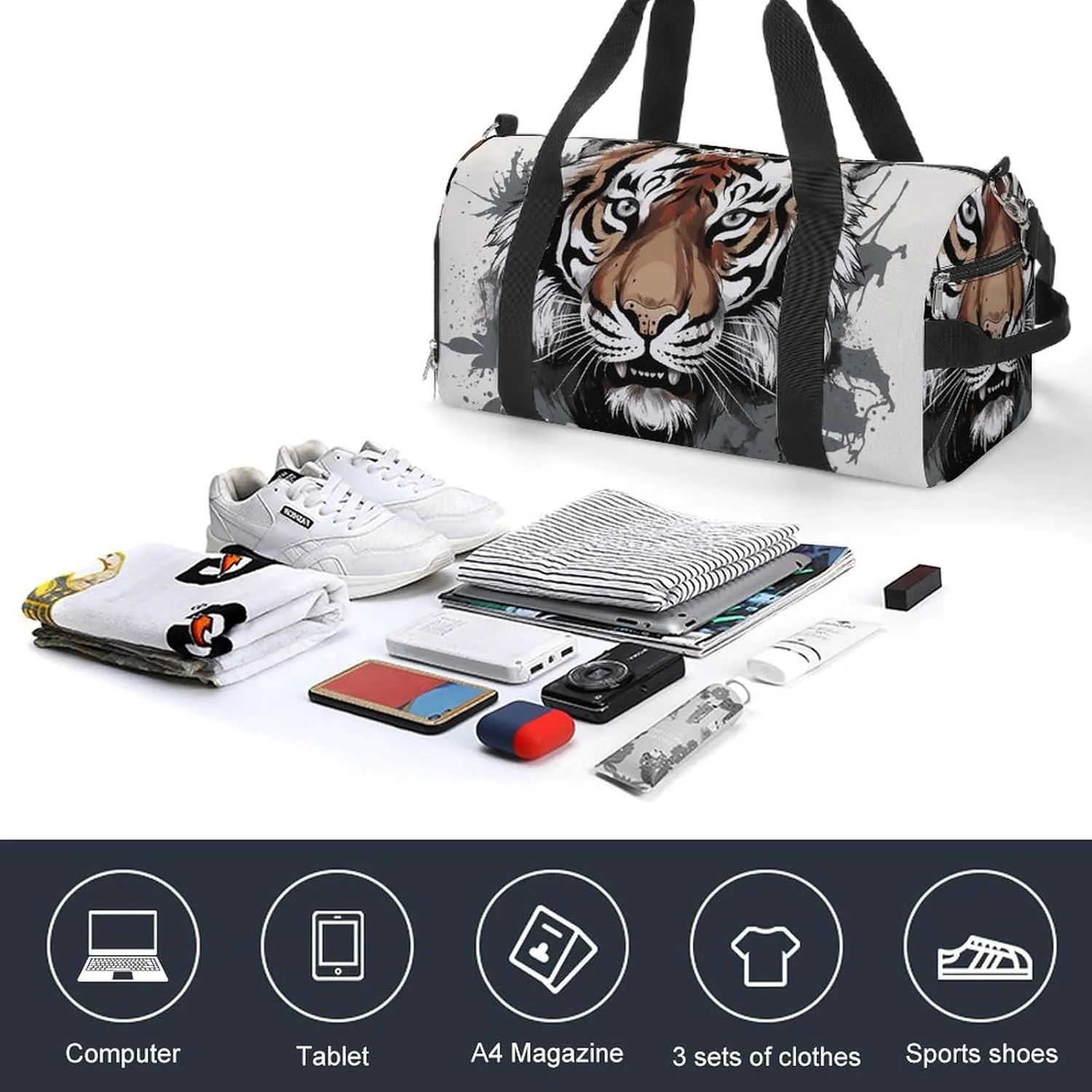 Gym Bags Small Black And White Doodle Tiger Duffel Bag Overnight Bag with Shoe Compartment Carryon Bag for Men Women