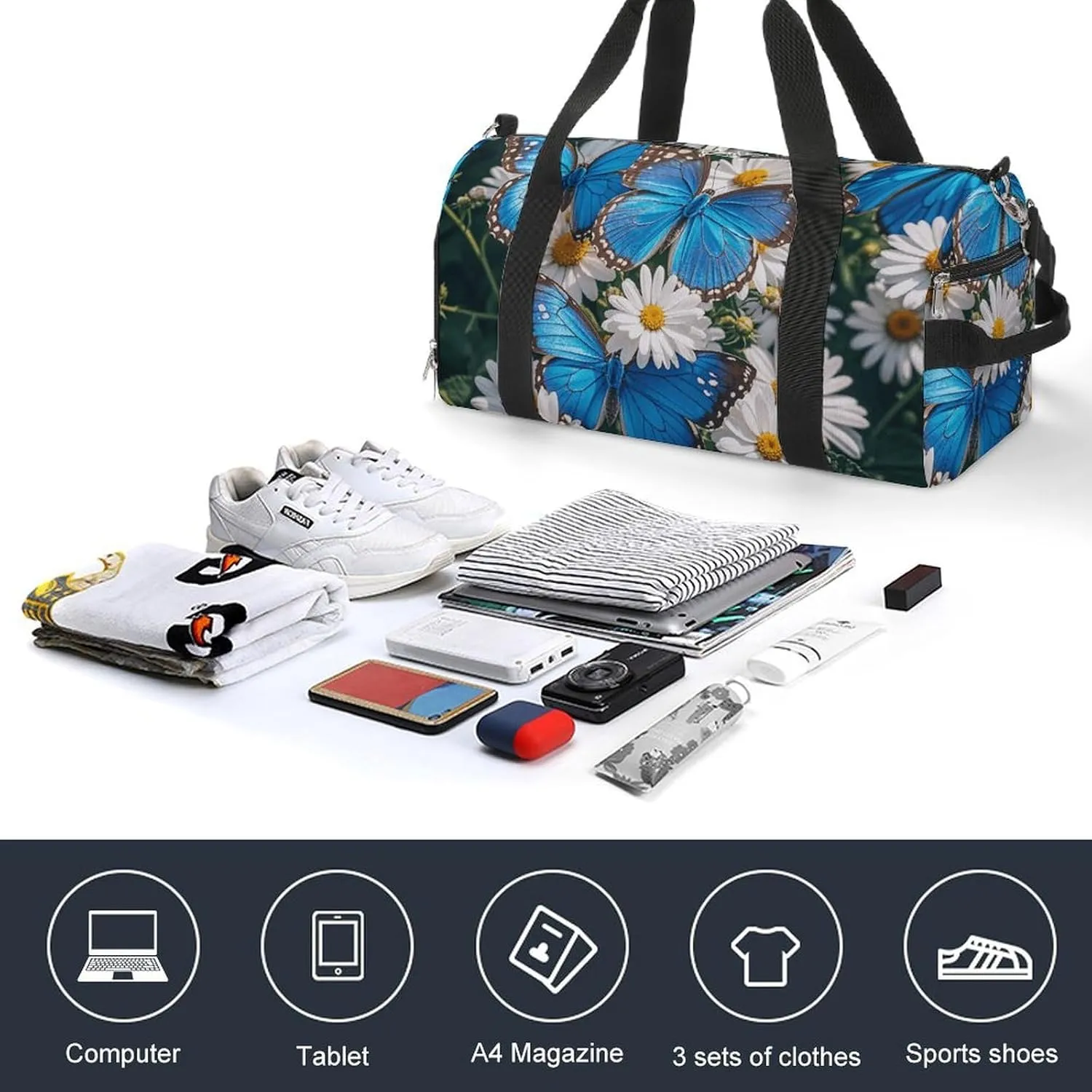 Gym Bags Small Blue Butterflies White Flowers Duffel Bag Overnight Bag with Shoe Compartment Carryon Bag for Men Women
