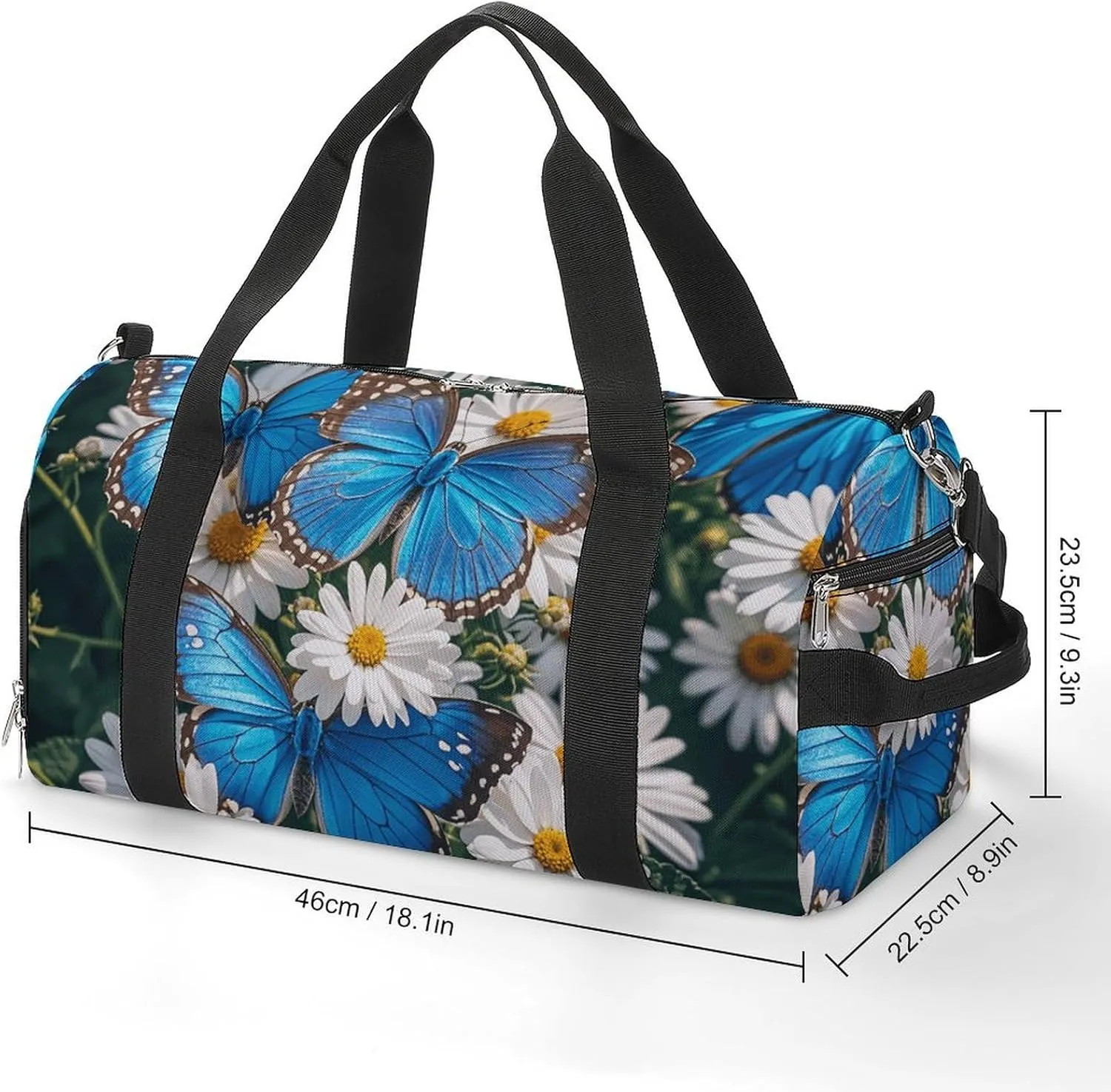 Gym Bags Small Blue Butterflies White Flowers Duffel Bag Overnight Bag with Shoe Compartment Carryon Bag for Men Women