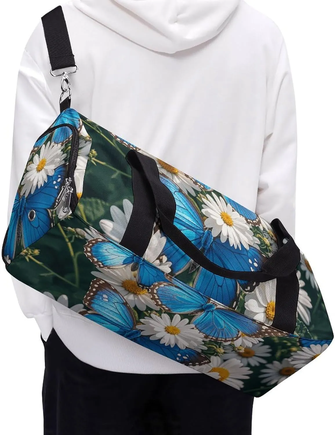 Gym Bags Small Blue Butterflies White Flowers Duffel Bag Overnight Bag with Shoe Compartment Carryon Bag for Men Women