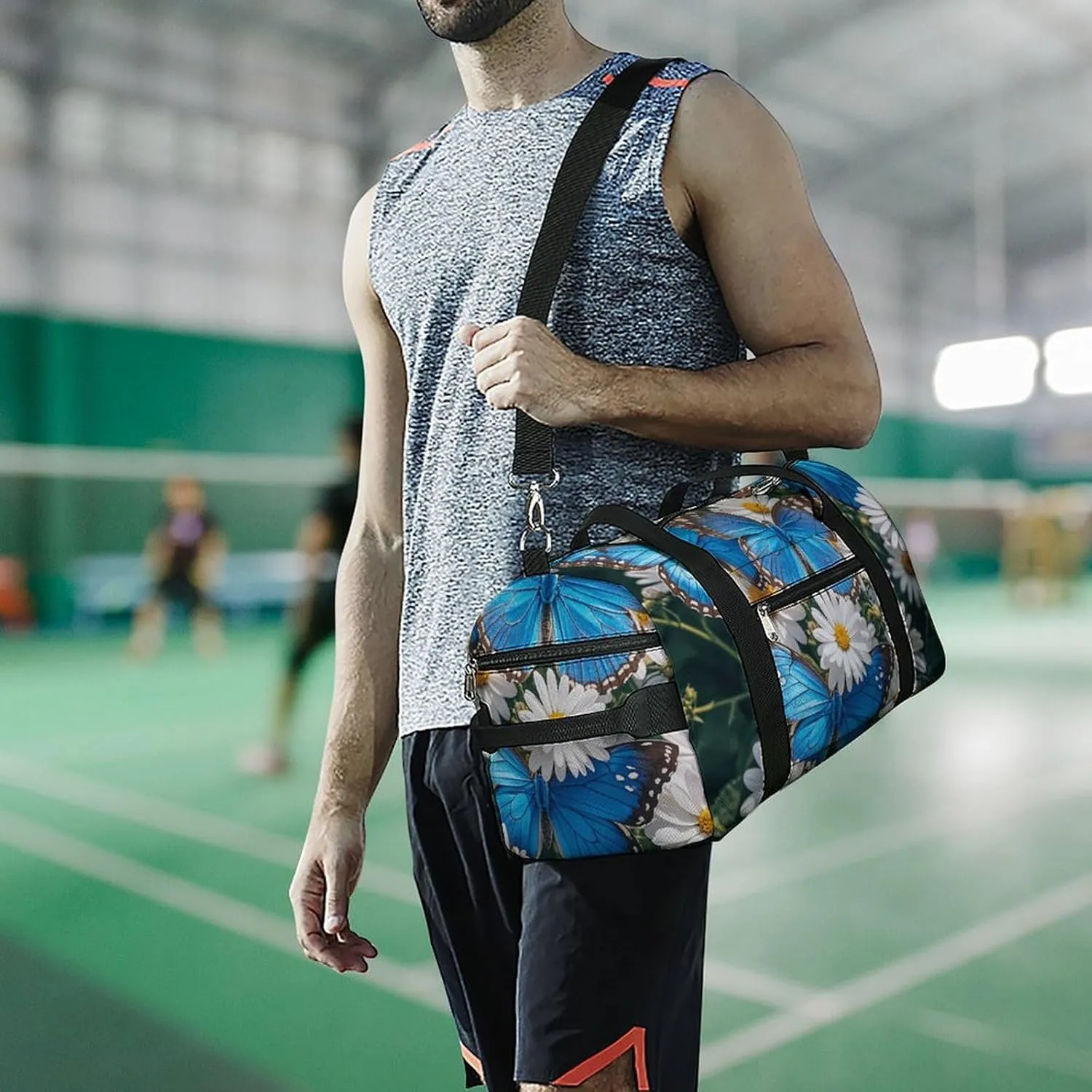 Gym Bags Small Blue Butterflies White Flowers Duffel Bag Overnight Bag with Shoe Compartment Carryon Bag for Men Women