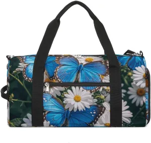 Gym Bags Small Blue Butterflies White Flowers Duffel Bag Overnight Bag with Shoe Compartment Carryon Bag for Men Women
