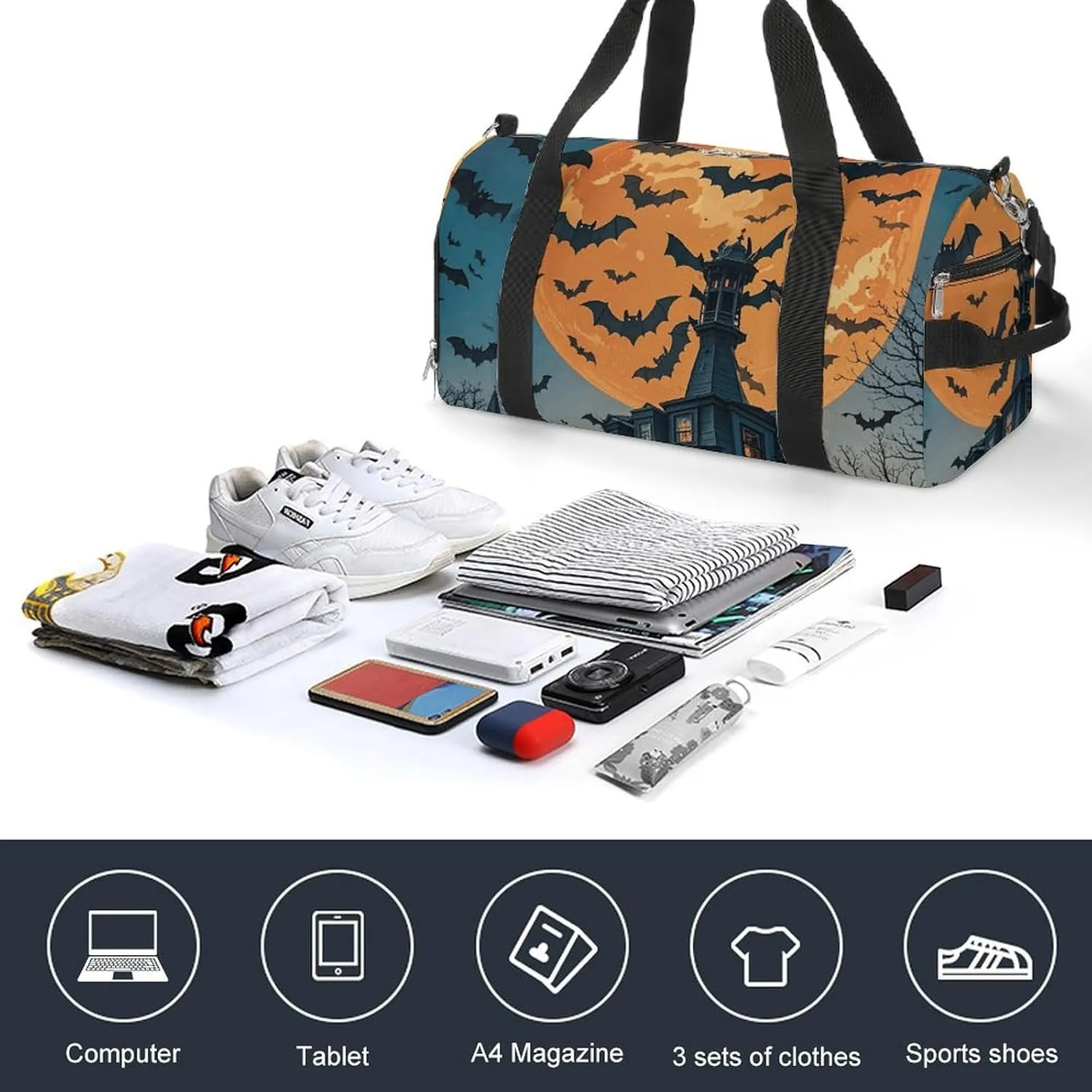 Gym Bags Small Halloween Flying Bats Duffel Bag Overnight Bag with Shoe Compartment Carryon Bag for Men Women