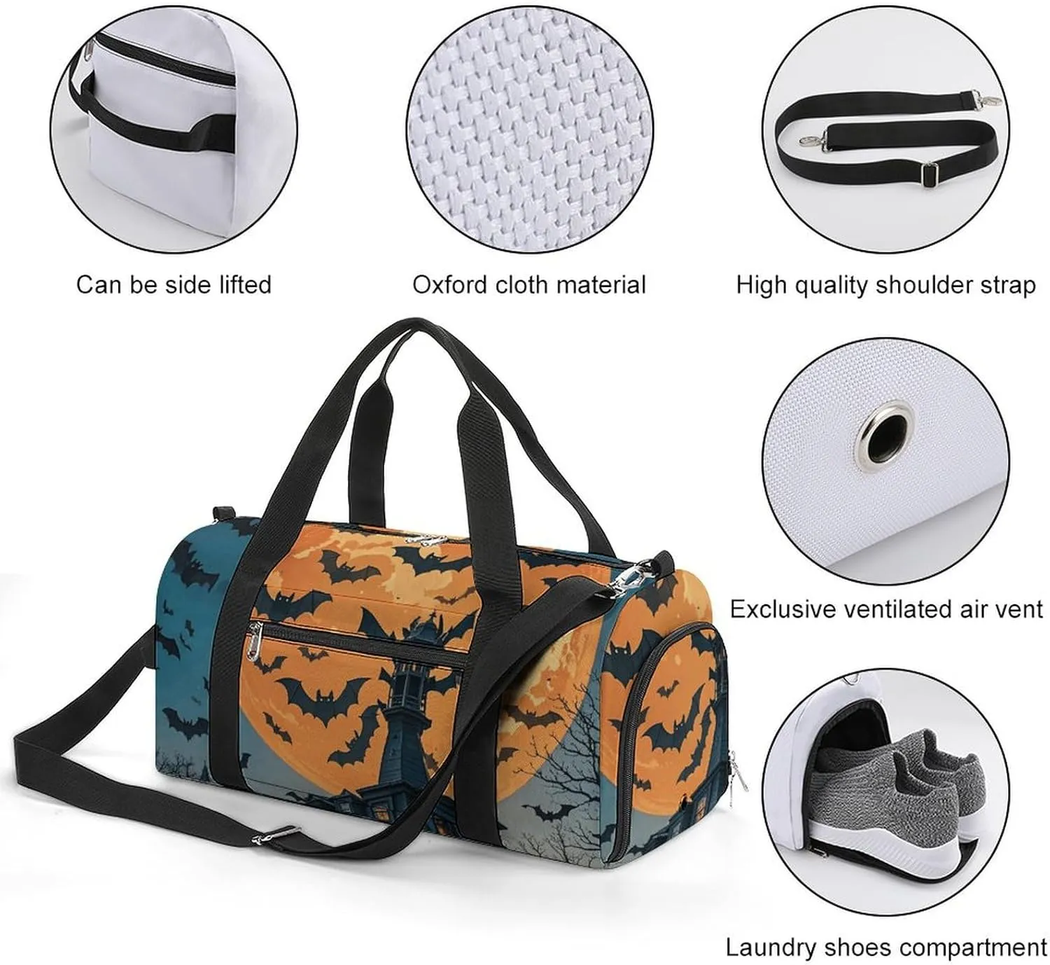 Gym Bags Small Halloween Flying Bats Duffel Bag Overnight Bag with Shoe Compartment Carryon Bag for Men Women