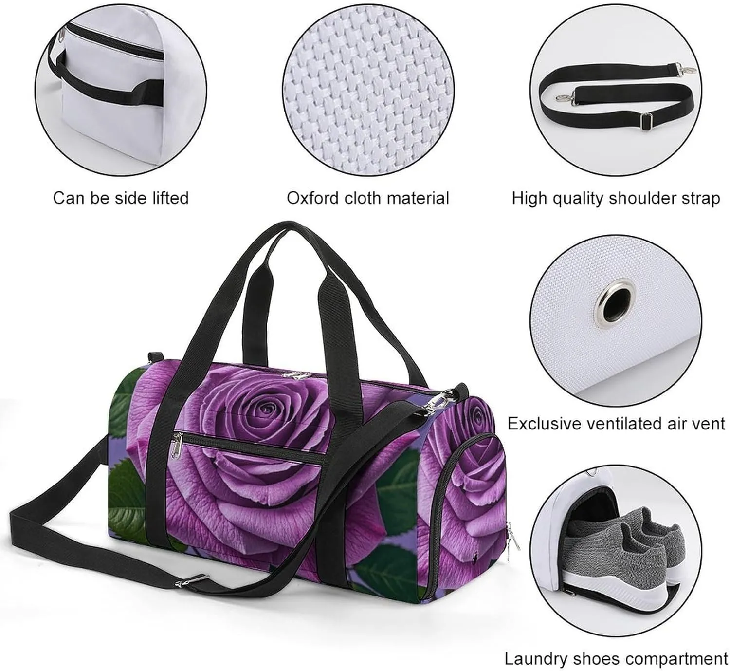 Gym Bags Small Purple Rose Duffel Bag Overnight Bag with Shoe Compartment Carryon Bag for Men Women
