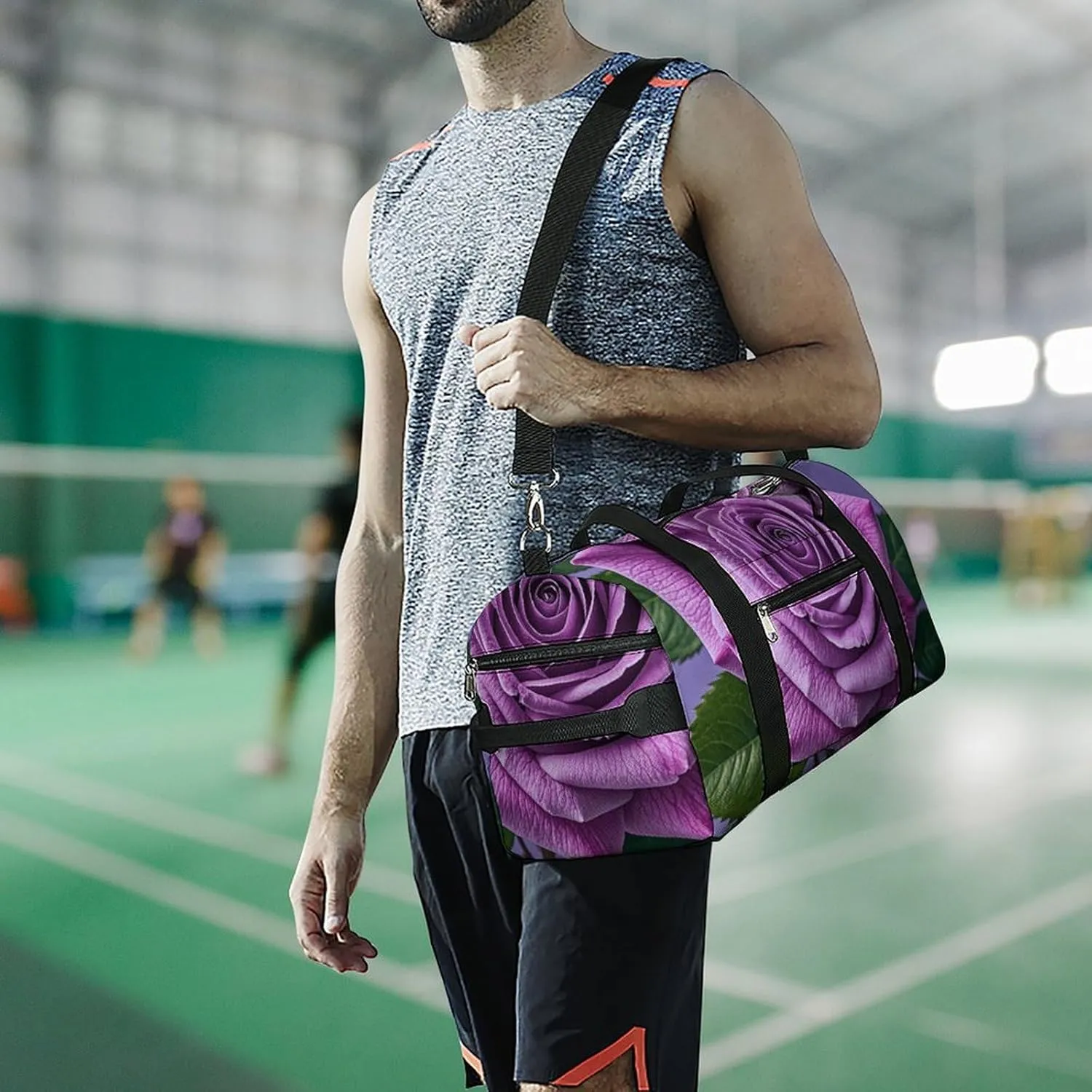Gym Bags Small Purple Rose Duffel Bag Overnight Bag with Shoe Compartment Carryon Bag for Men Women