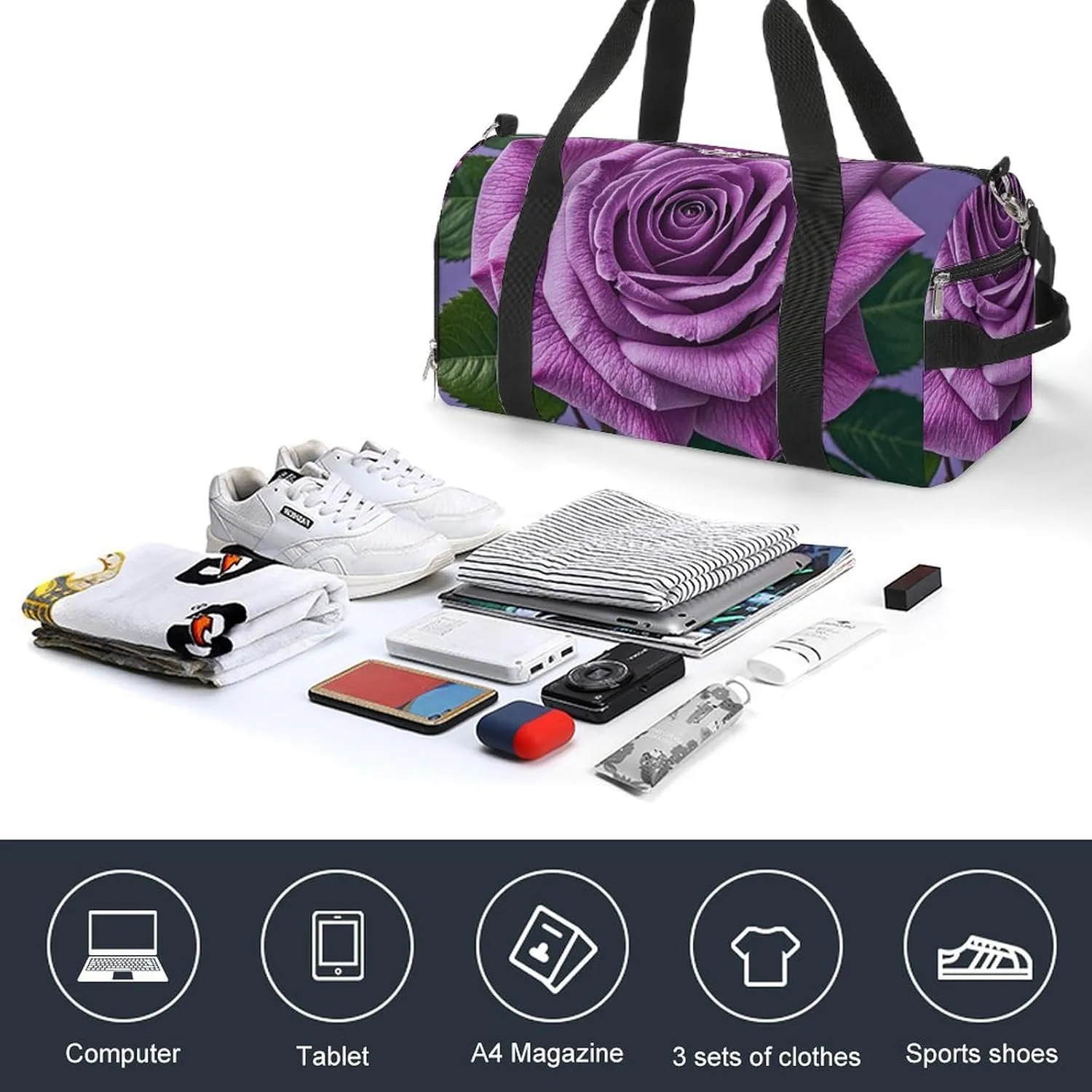 Gym Bags Small Purple Rose Duffel Bag Overnight Bag with Shoe Compartment Carryon Bag for Men Women