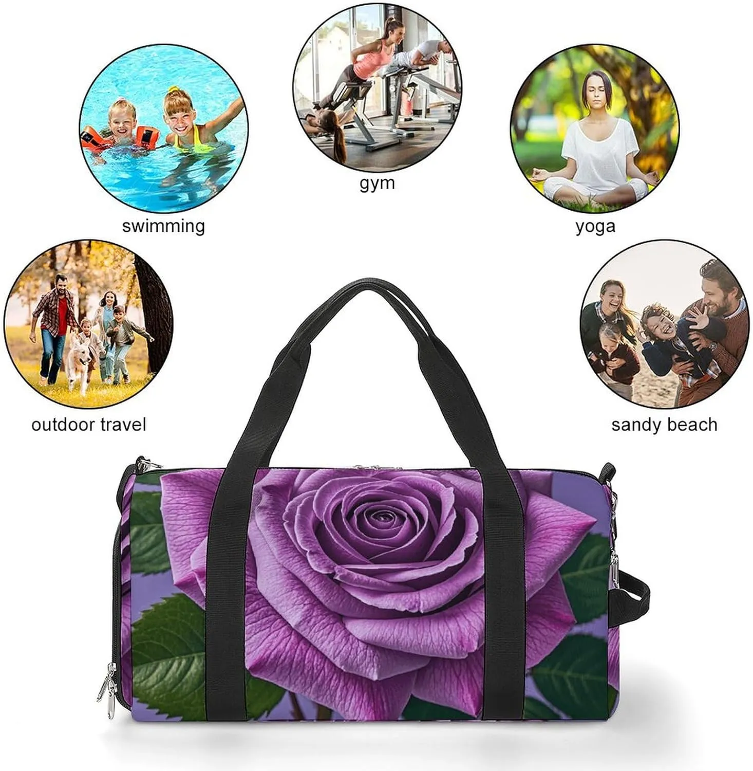 Gym Bags Small Purple Rose Duffel Bag Overnight Bag with Shoe Compartment Carryon Bag for Men Women