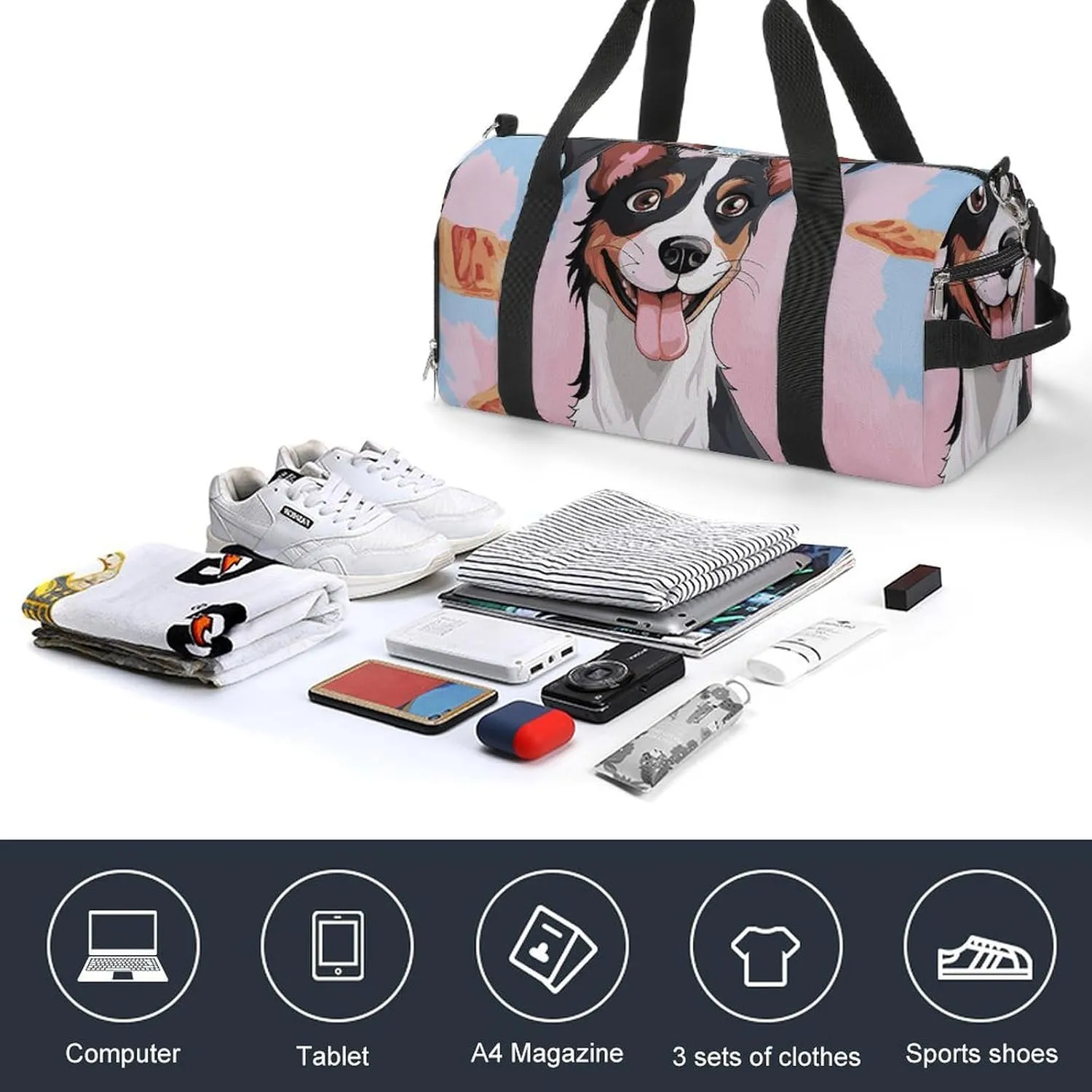 Gym Bags Small Rat Terrier Dog Duffel Bag Overnight Bag with Shoe Compartment Carryon Bag for Men Women