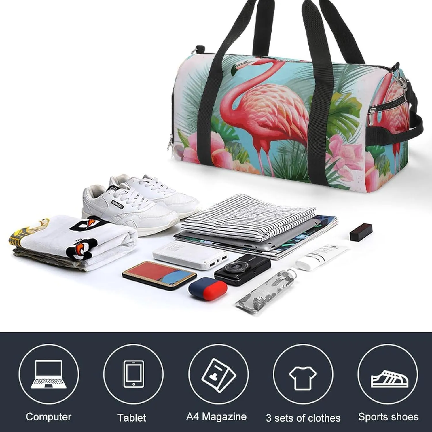 Gym Bags Small Tropical Flamingo Duffel Bag Overnight Bag with Shoe Compartment Carryon Bag for Men Women