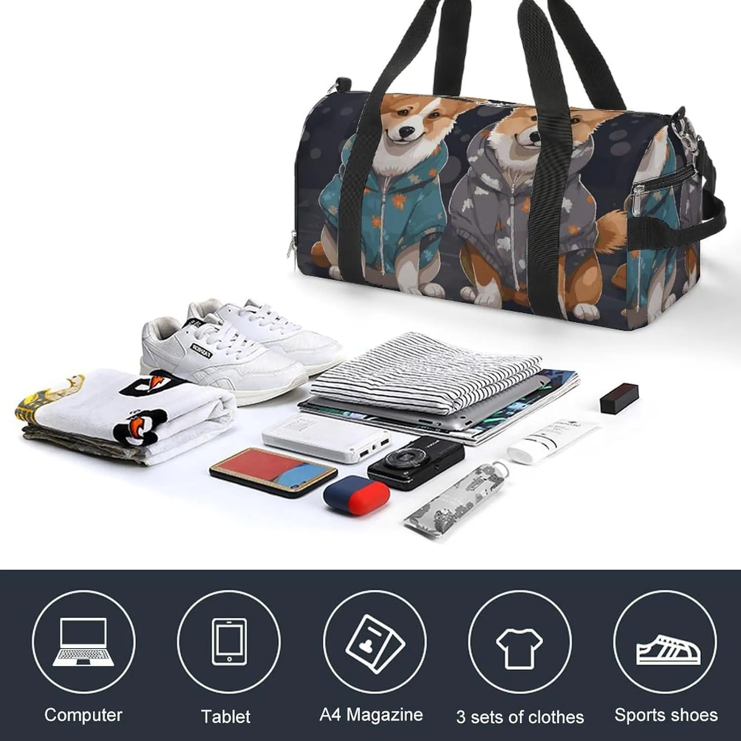 Gym Bags Small Wearing Clothes Corgi Dogs Duffel Bag Overnight Bag with Shoe Compartment Carryon Bag for Men Women