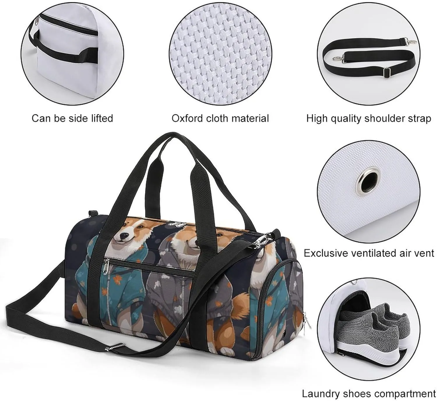 Gym Bags Small Wearing Clothes Corgi Dogs Duffel Bag Overnight Bag with Shoe Compartment Carryon Bag for Men Women