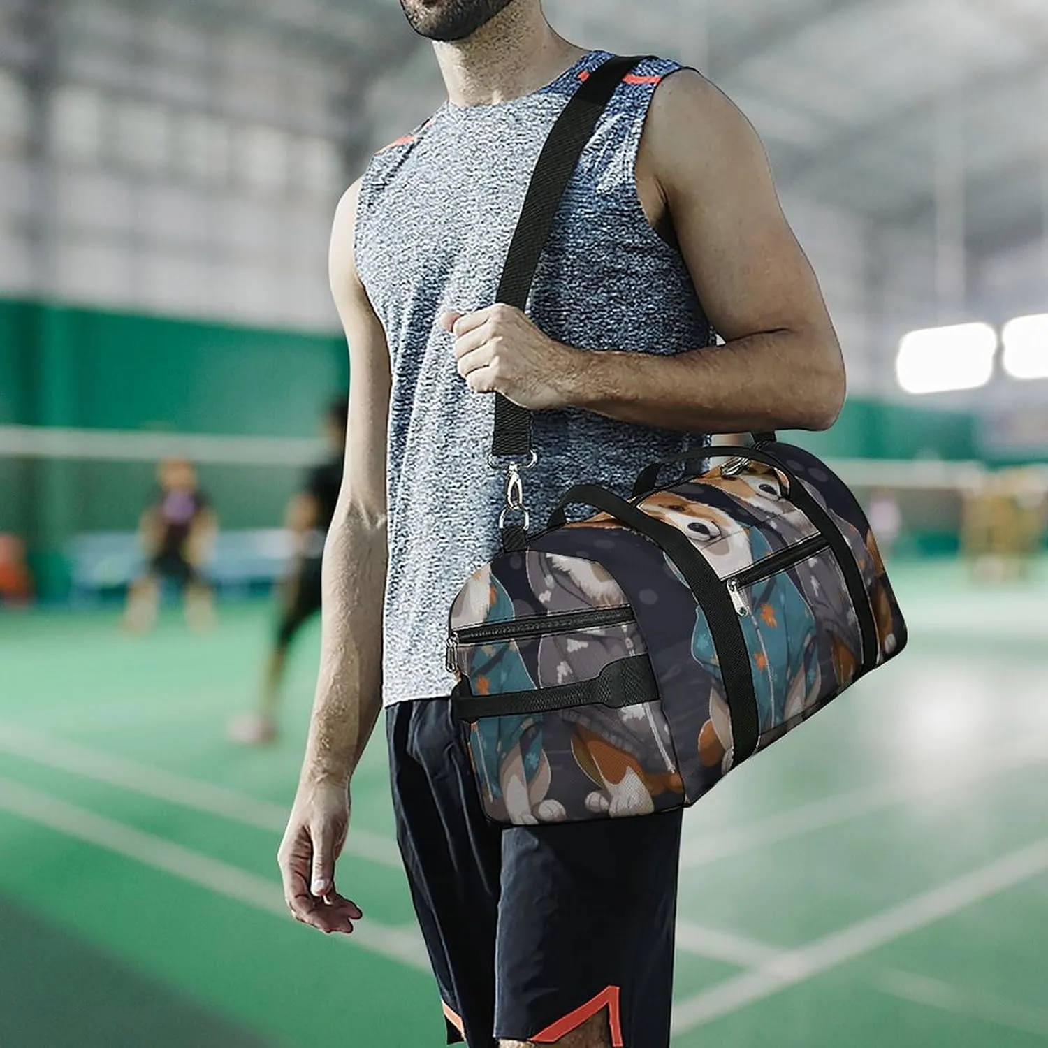 Gym Bags Small Wearing Clothes Corgi Dogs Duffel Bag Overnight Bag with Shoe Compartment Carryon Bag for Men Women