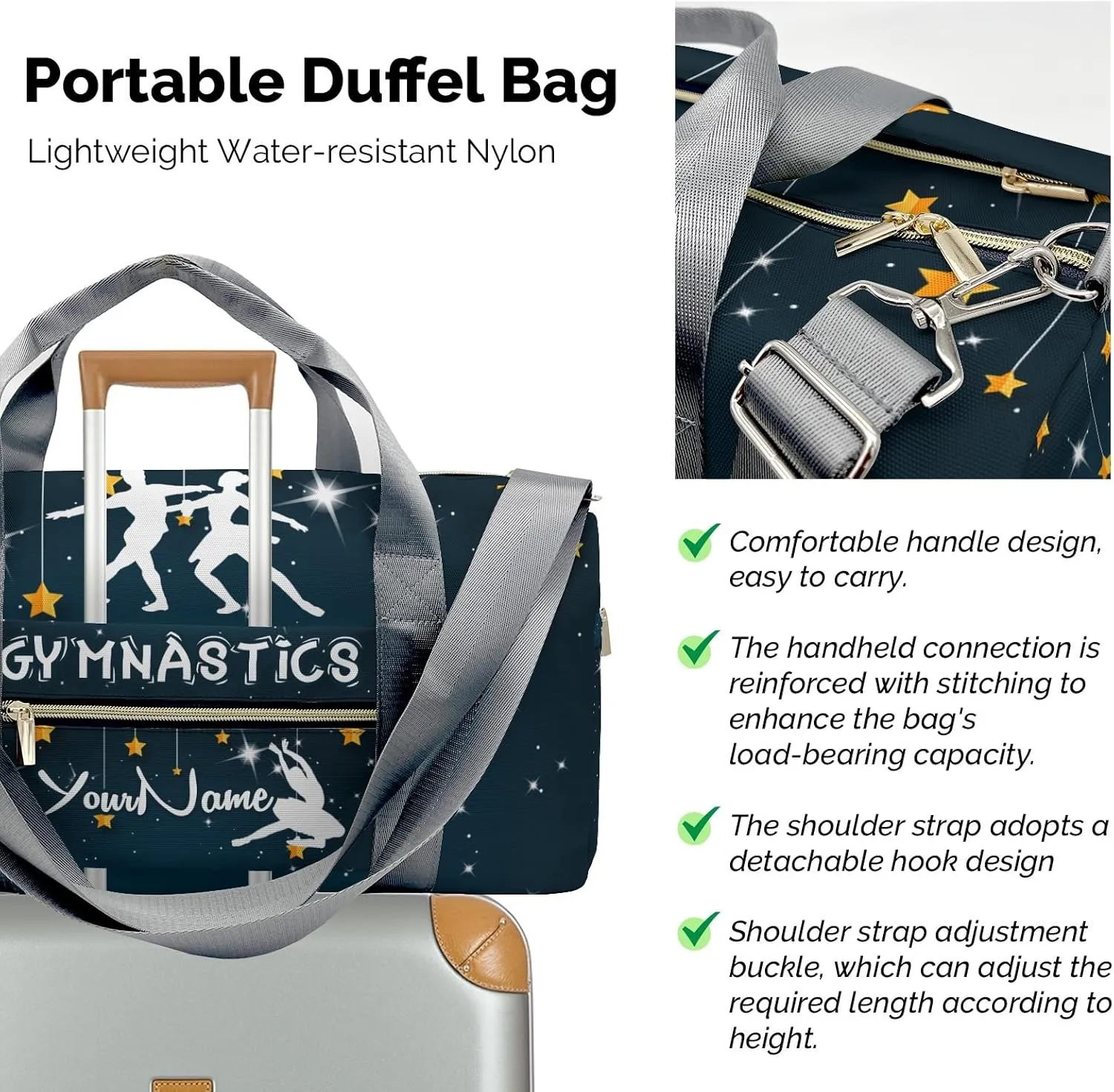 Gymnastics Star Starry Waterproof Duffel Bag Adjustable Shoulder Strap Perform Training Travel Bag for Boys Girls Teens Women Men
