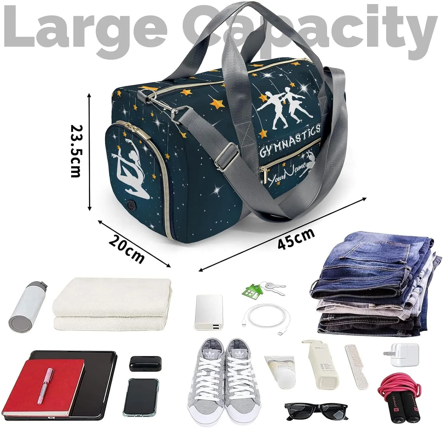 Gymnastics Star Starry Waterproof Duffel Bag Adjustable Shoulder Strap Perform Training Travel Bag for Boys Girls Teens Women Men