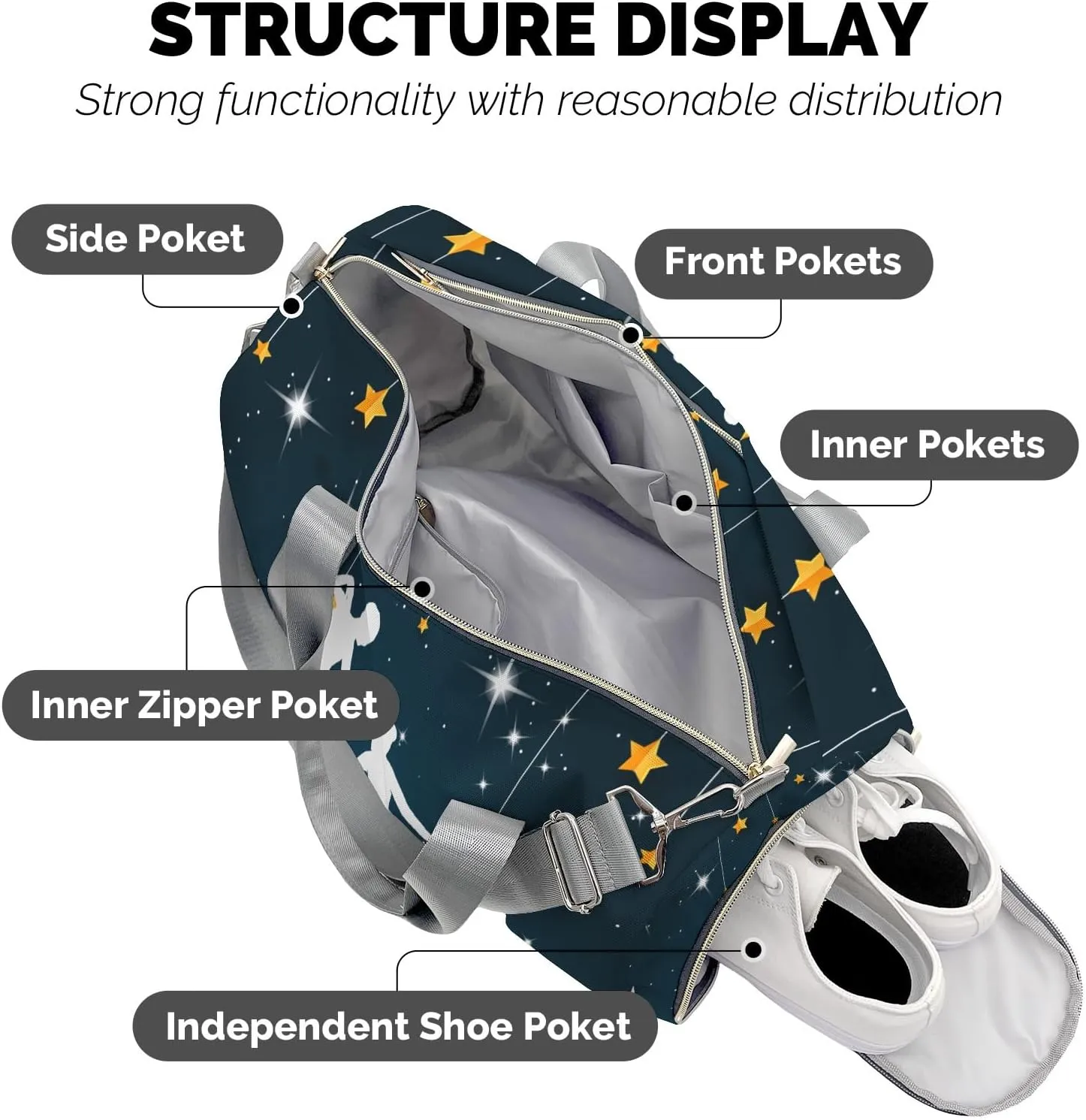 Gymnastics Star Starry Waterproof Duffel Bag Adjustable Shoulder Strap Perform Training Travel Bag for Boys Girls Teens Women Men