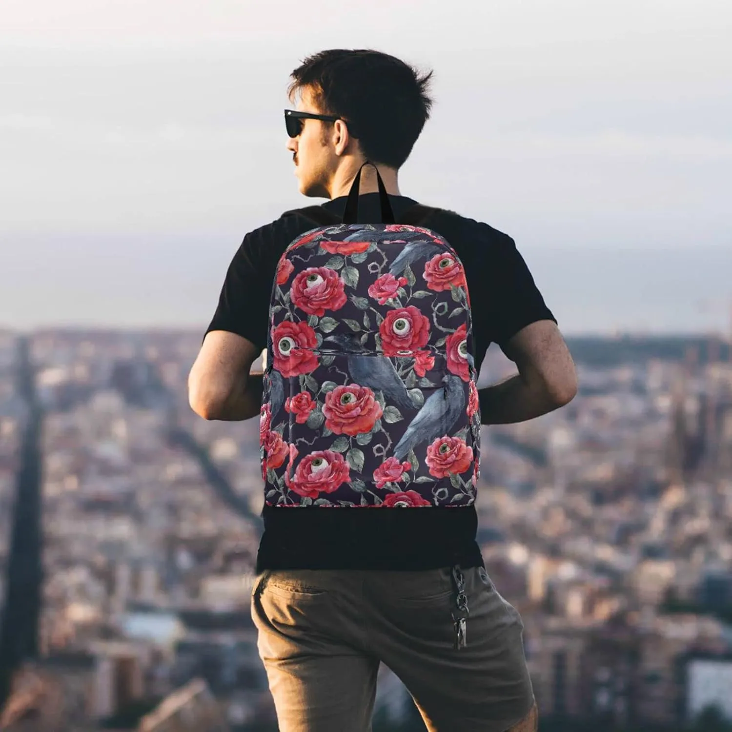Halloween Red Roses with Eyeballs Crows Big Travel Laptop Backpack Durable Computer Bag Gift for Men Women School Bookbags Work