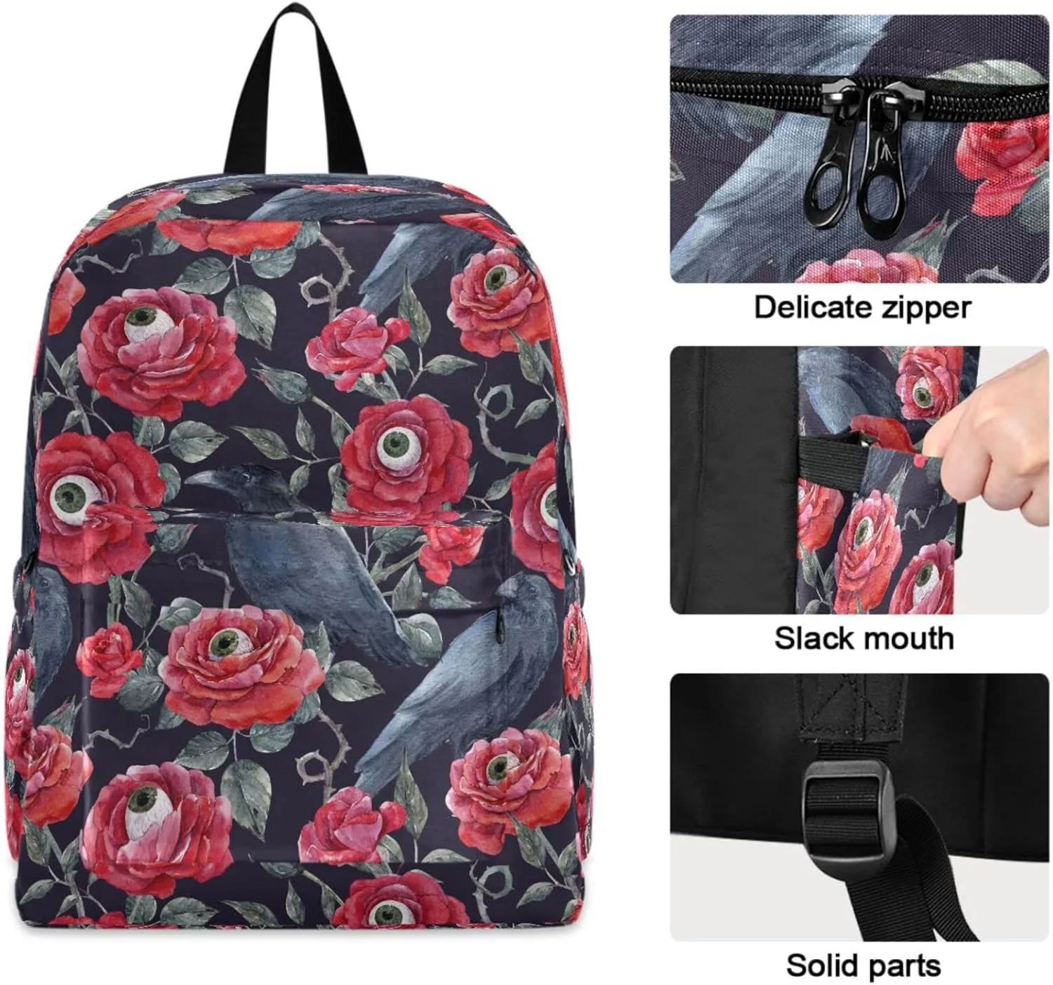 Halloween Red Roses with Eyeballs Crows Big Travel Laptop Backpack Durable Computer Bag Gift for Men Women School Bookbags Work