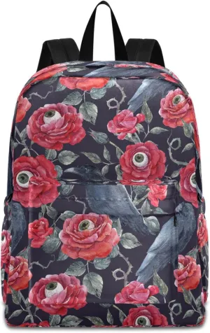 Halloween Red Roses with Eyeballs Crows Big Travel Laptop Backpack Durable Computer Bag Gift for Men Women School Bookbags Work